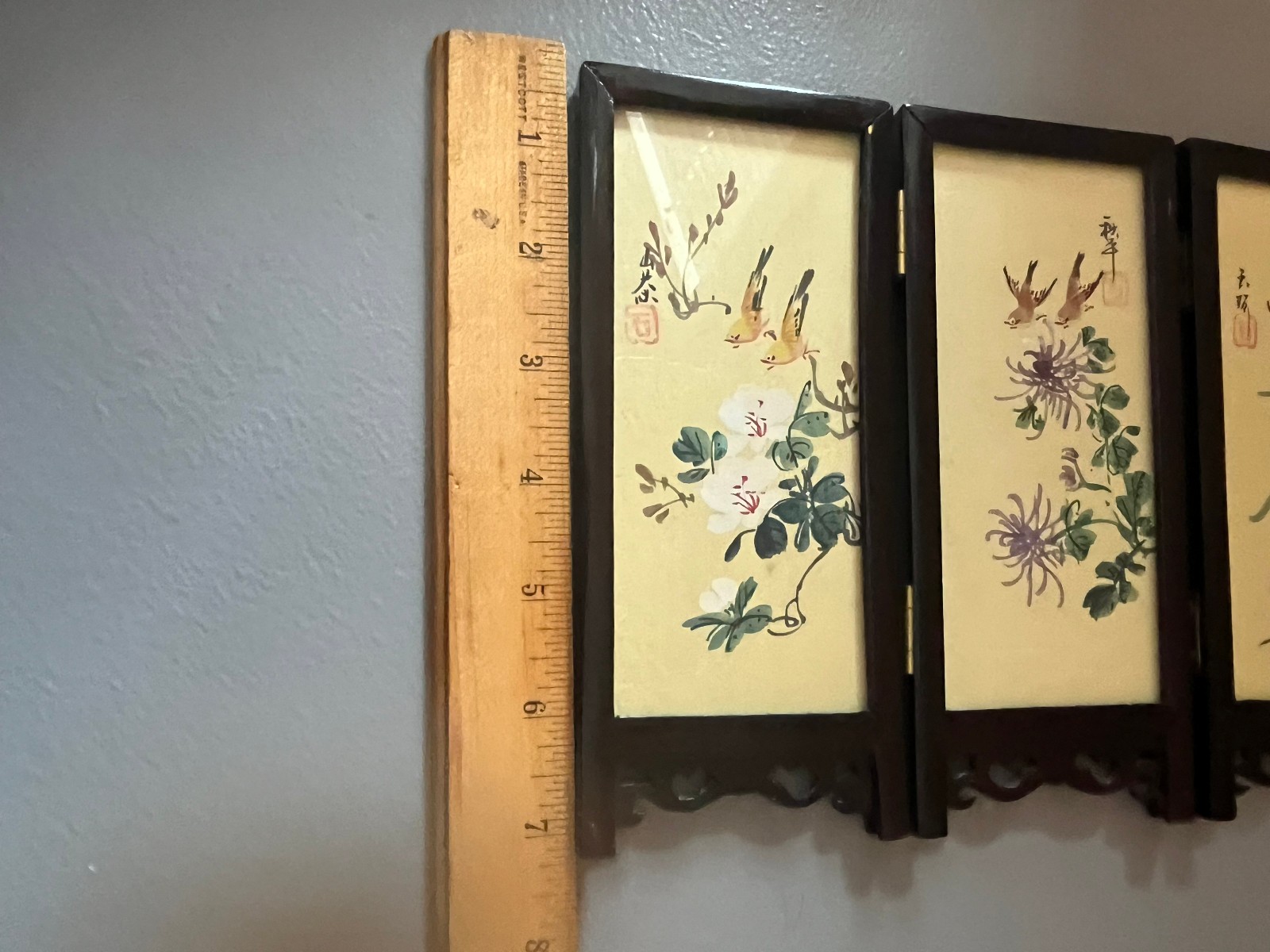 Vintage mini table top chinese 2 sided hand painted screens pannel wood/glass