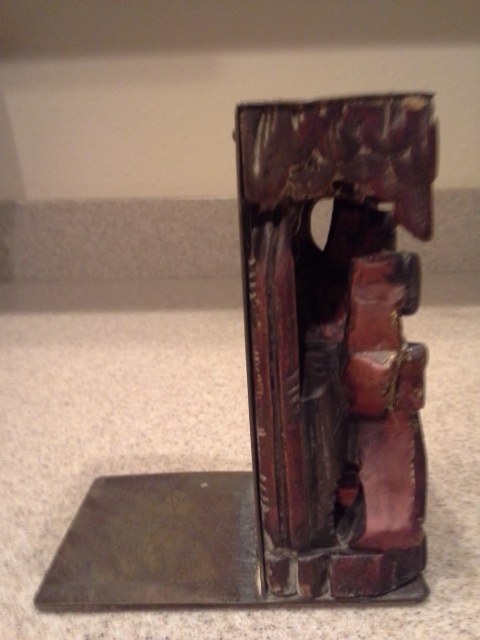 Vintage Asian Oriental Bookends Carved Wood and Etched Brass