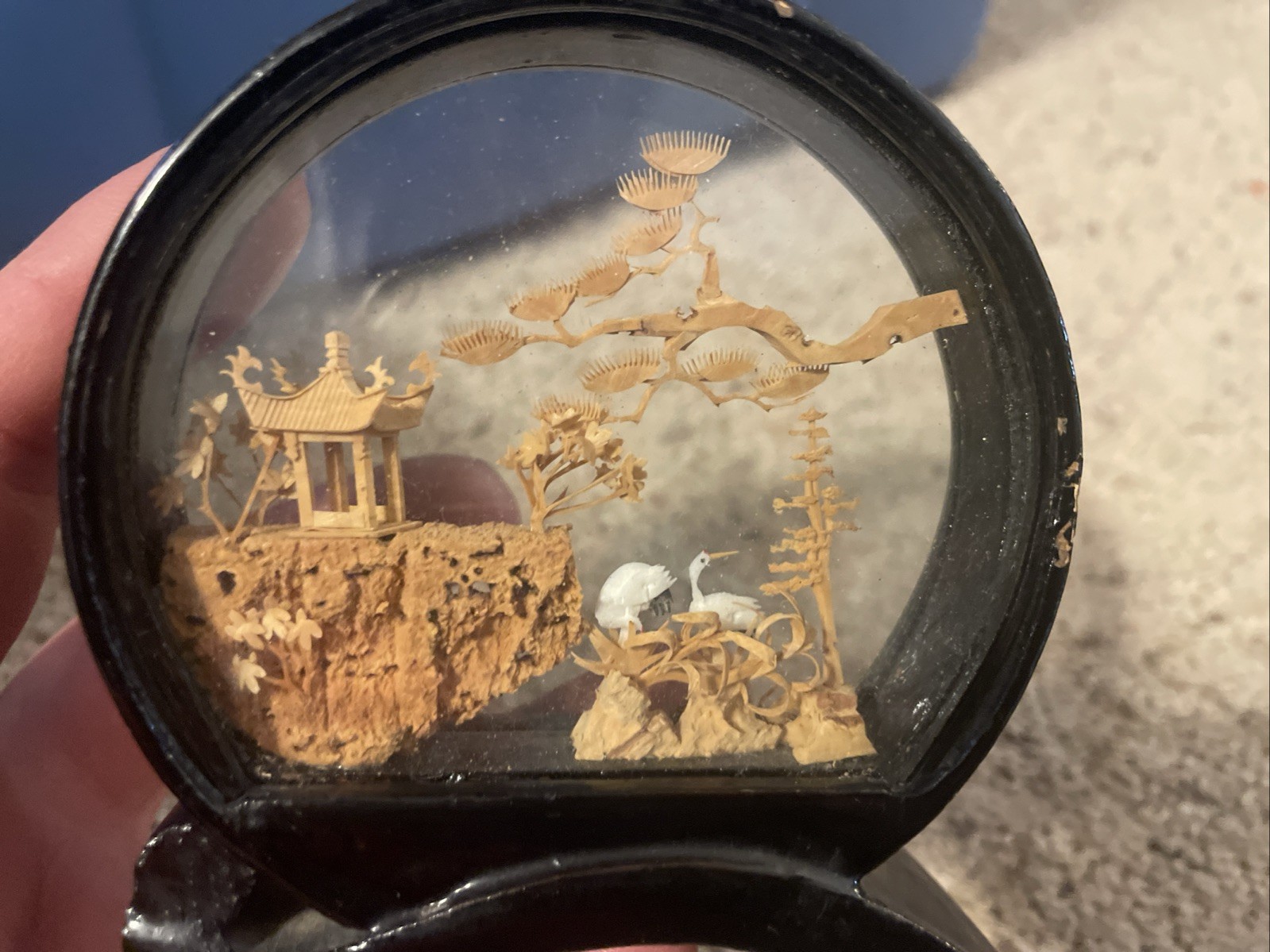 Vintage 4″ Asian Cork 3D Art Carving Pagoda Cranes Diorama Lacquer Frame