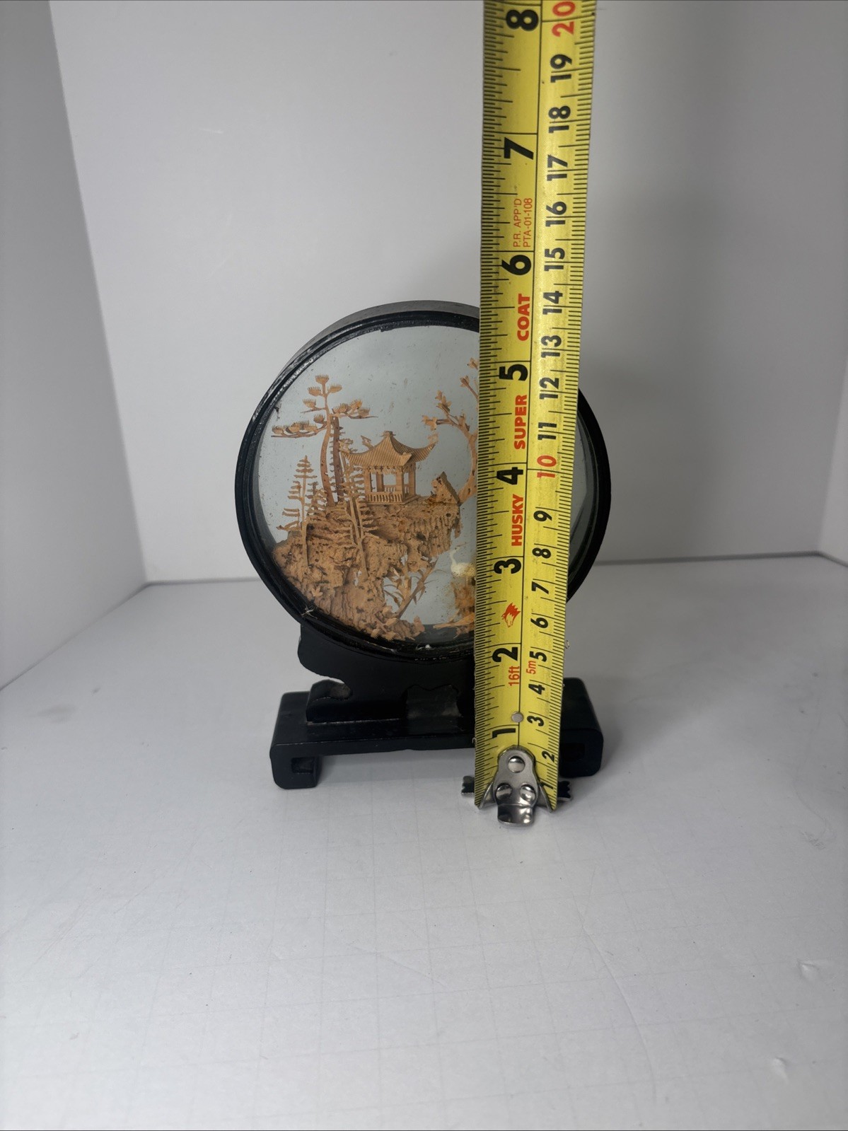 Vintage Hand Carved Cork Wood Diorama Under Glass Pagoda Cranes 6”