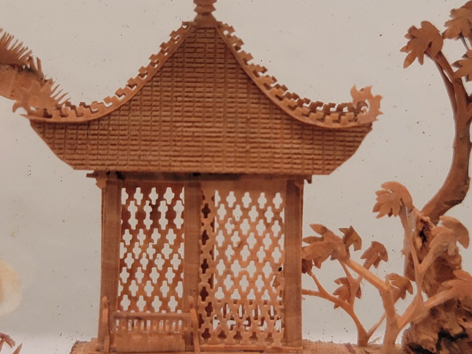 Chinese Cork & Wood Diorama Hand Carved Asian Crane Pagoda Tree Art Glass