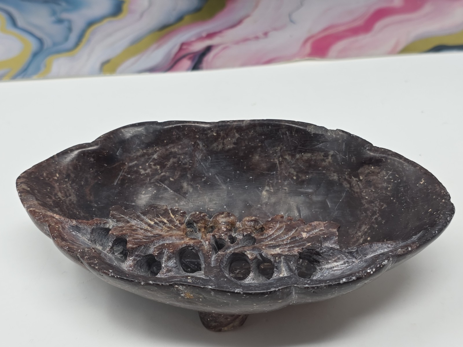 Vintage Chinese Hand-Carved 5×3″ Footed Soapstone Trinket Dish Brown