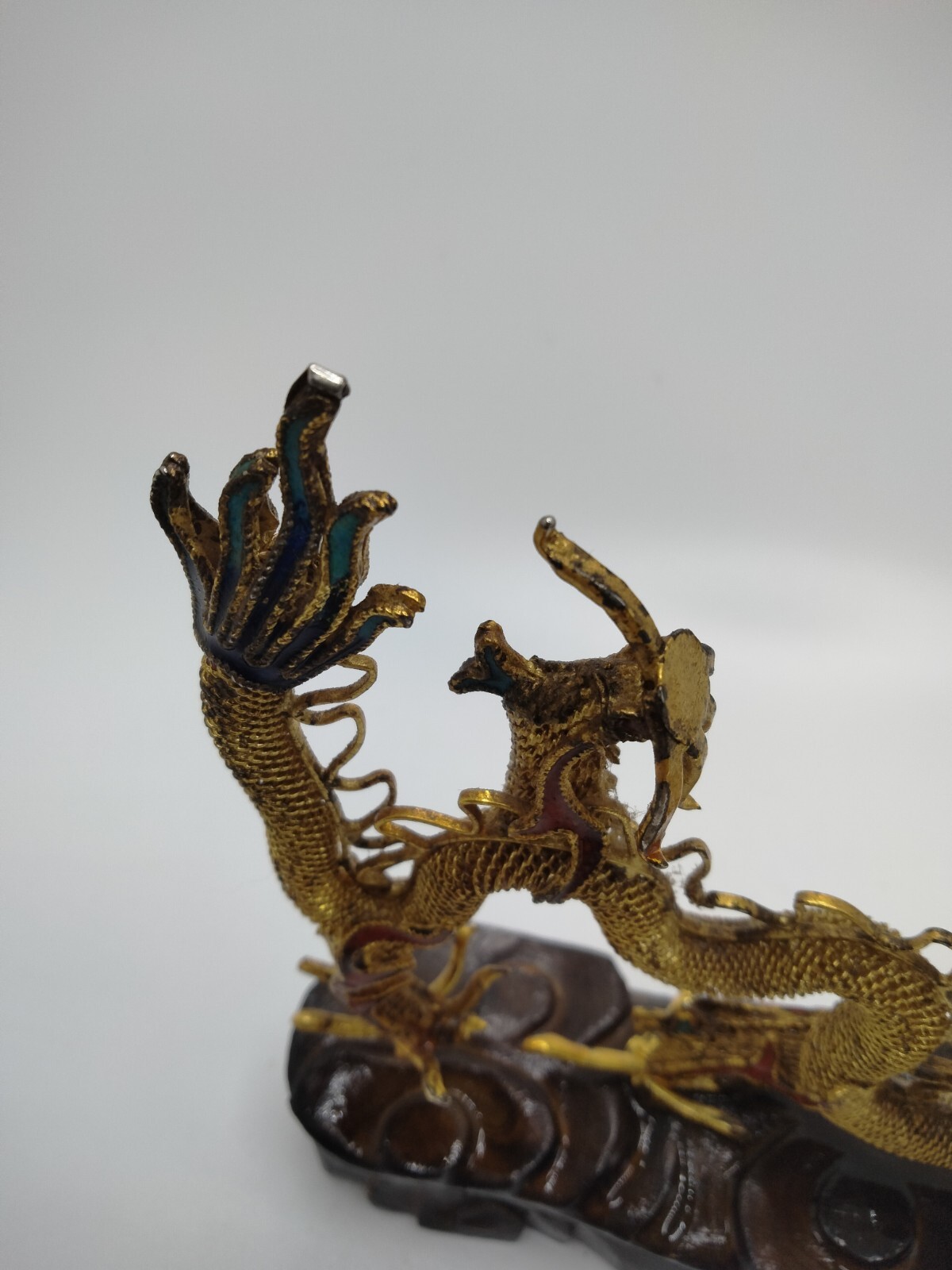 Chinese Brass Figurine Dragon on Wooden Stand 4.5″ x 4.5″ Green, Red, and Gold