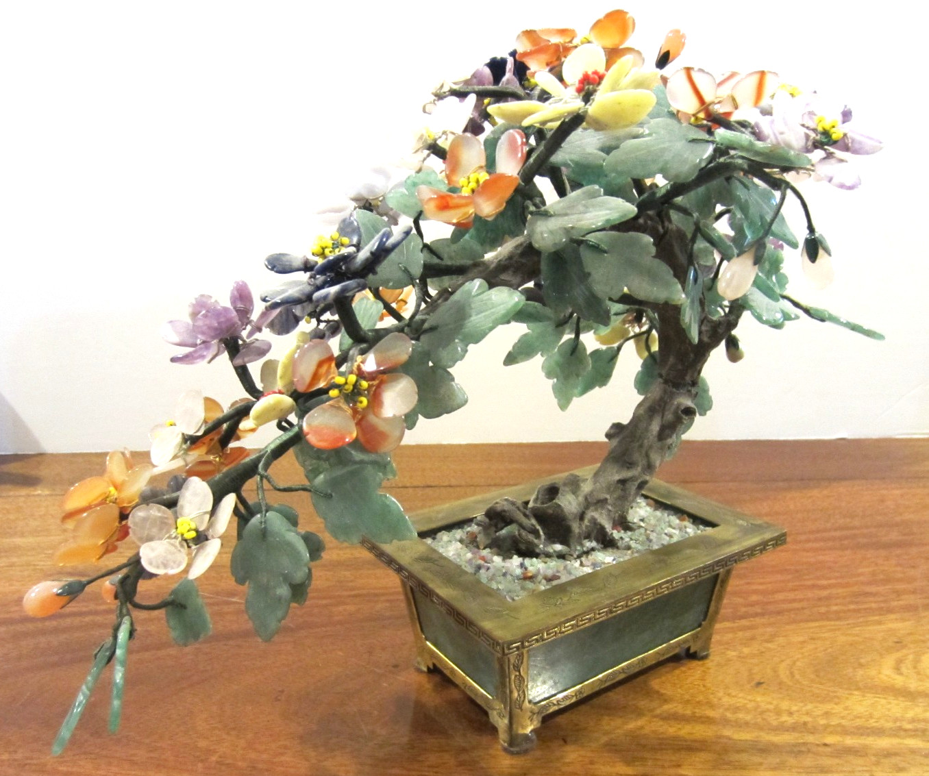 large jade/stone bonsai tree with many flowers of jade, agate, amethyst,& others