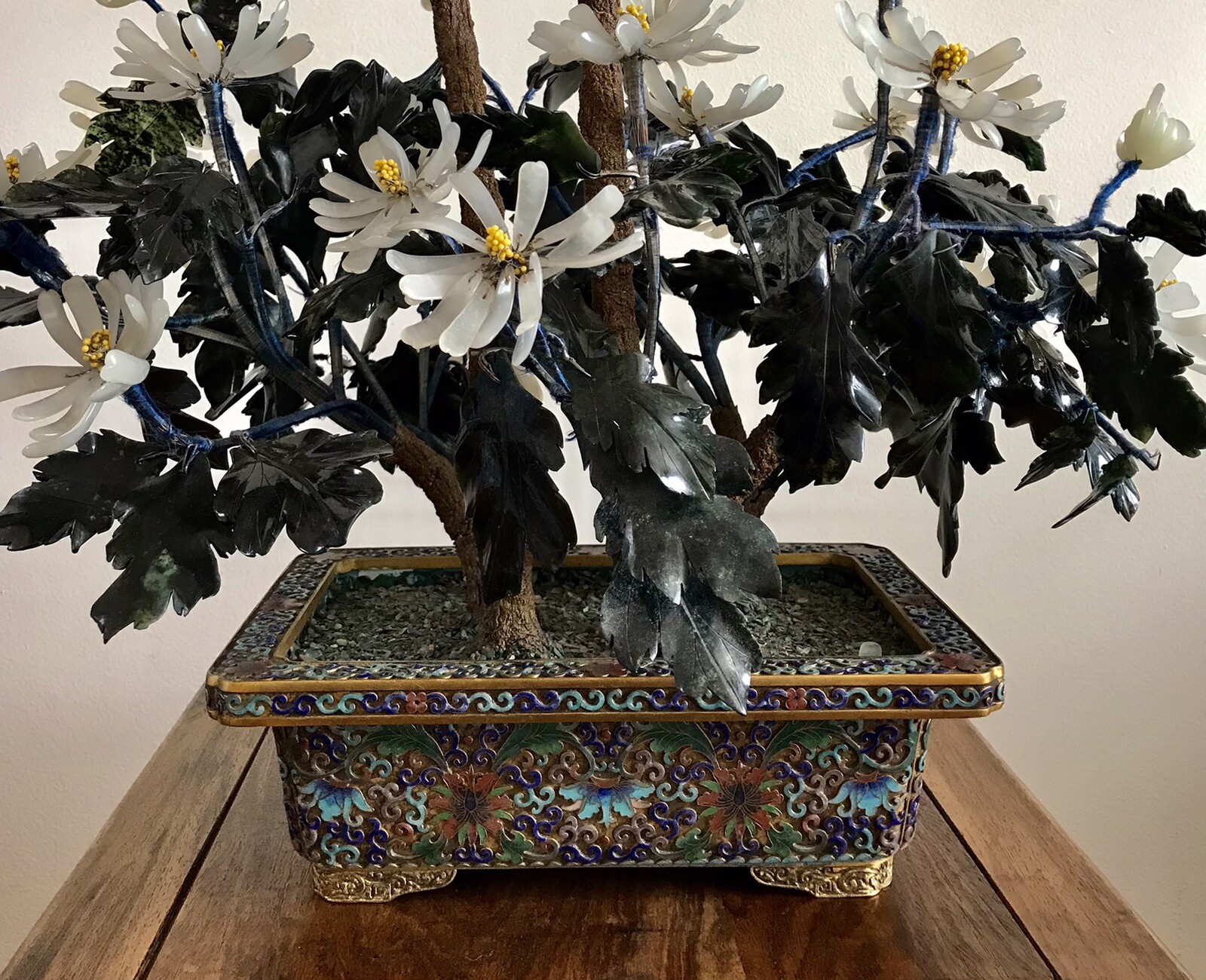 27” Tall Large Chinese Jade and Agate Bonsai Tree in Cloisonne Pot