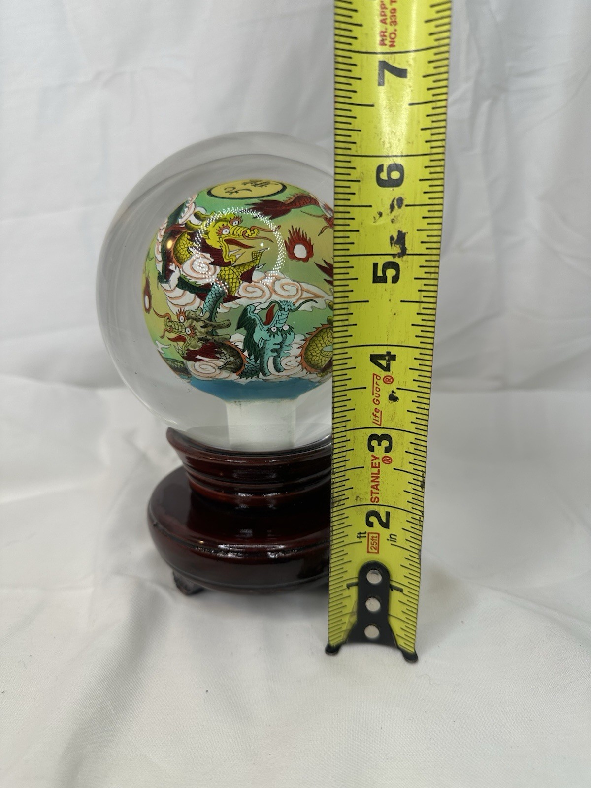 Chinese Reverse Painted Glass Crystal Ball Dragon Sphere Wood Stand Original Box