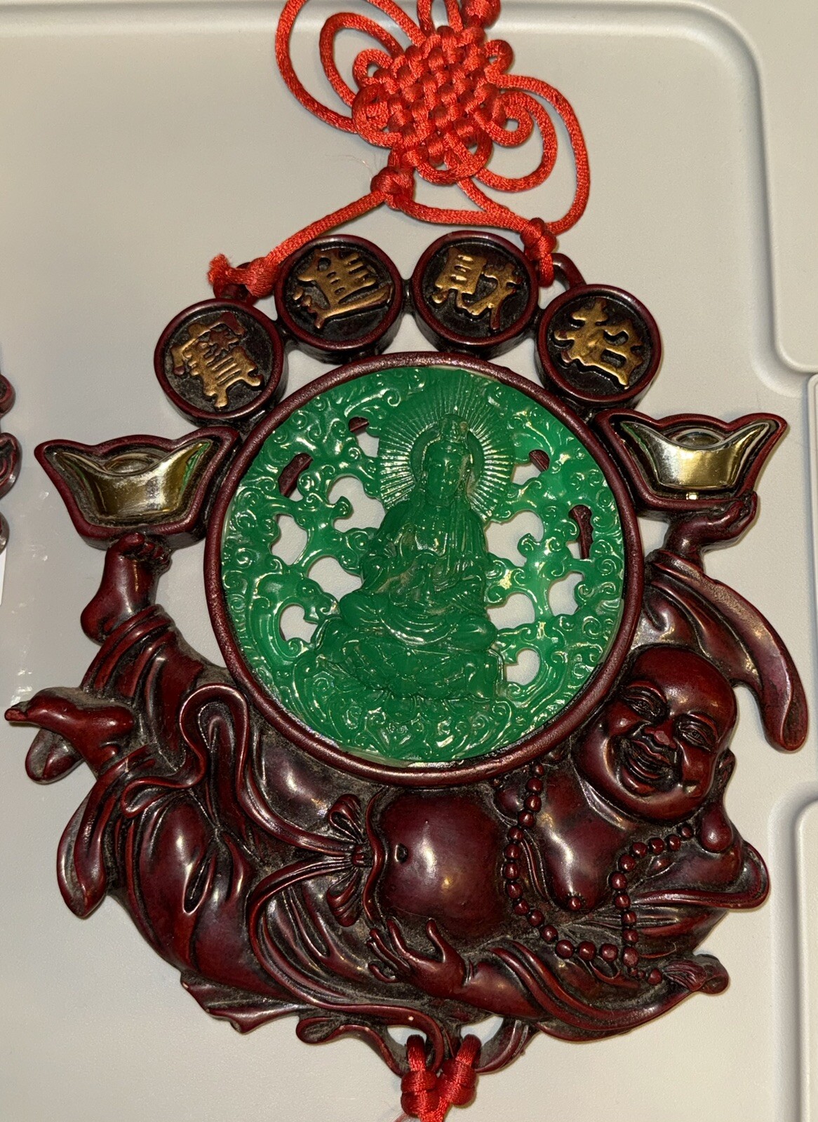 Vtg Chinese Culture Red Knot Happy Buddha Resin Green Faux Jade Wall Hanging