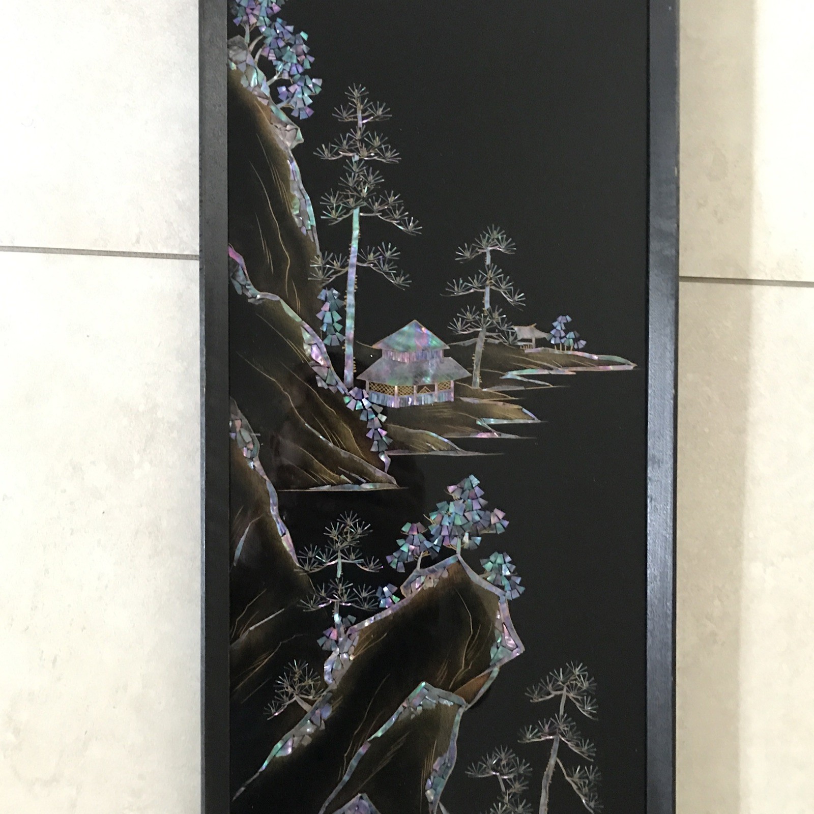 Vintage 30” mother of pearl Multicolor Micro Mosaic Handmade ￼house framed Japan