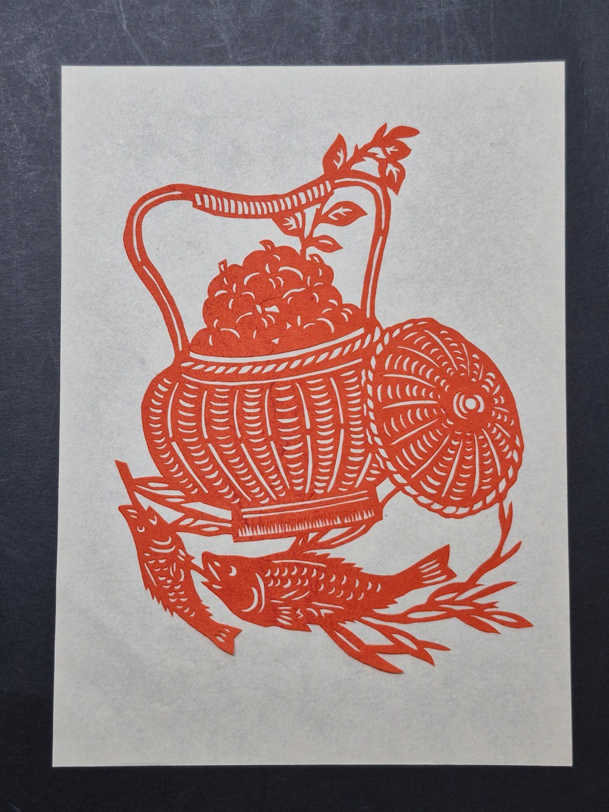 Unused Set of 10 Chinese Folk Art Paper cuts Floral, Fruit basket & fish Design