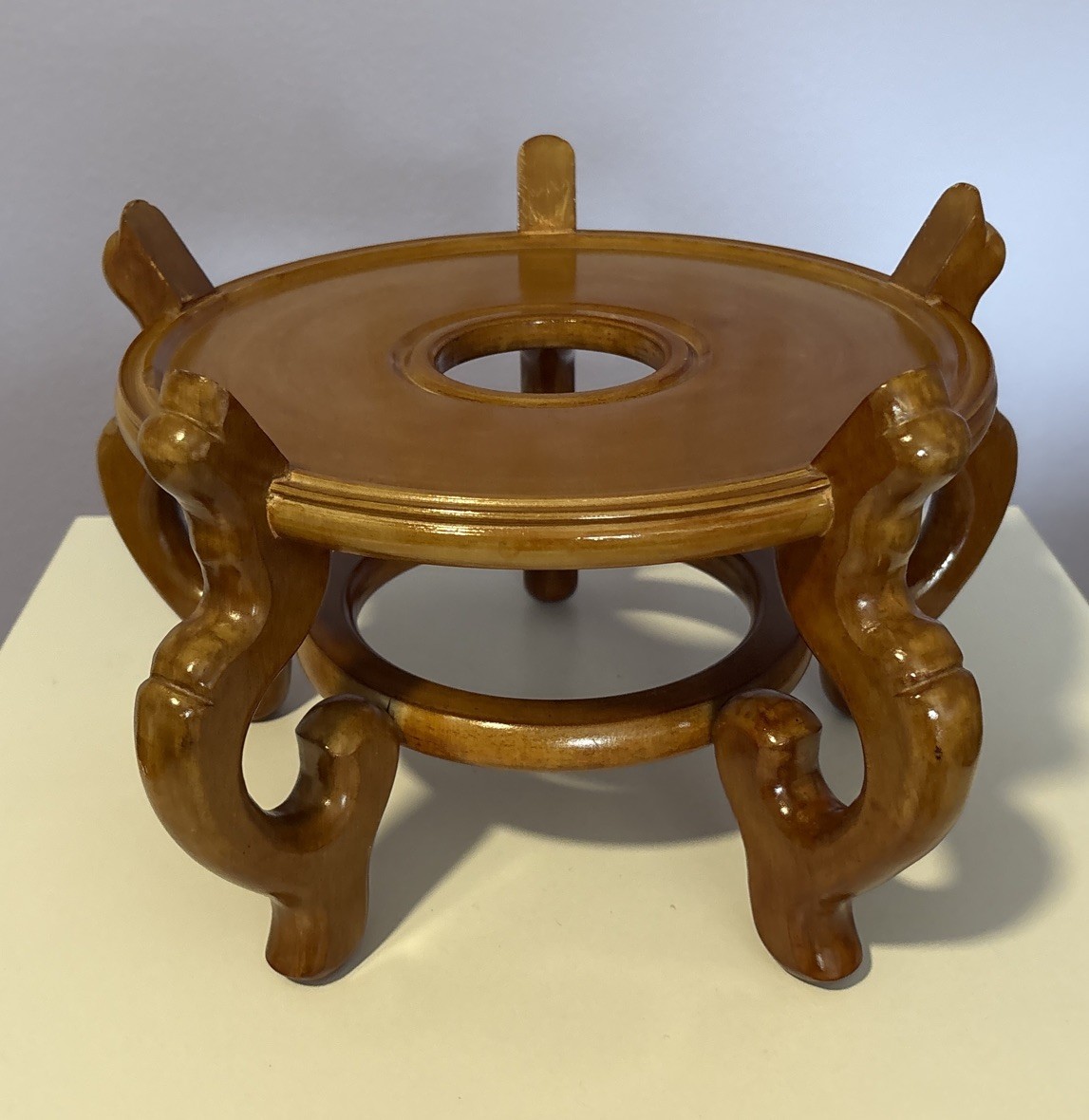 Carved Wood Plant Stand Display Honey Brown Vase Fish Bowl Asian Oriental 10”