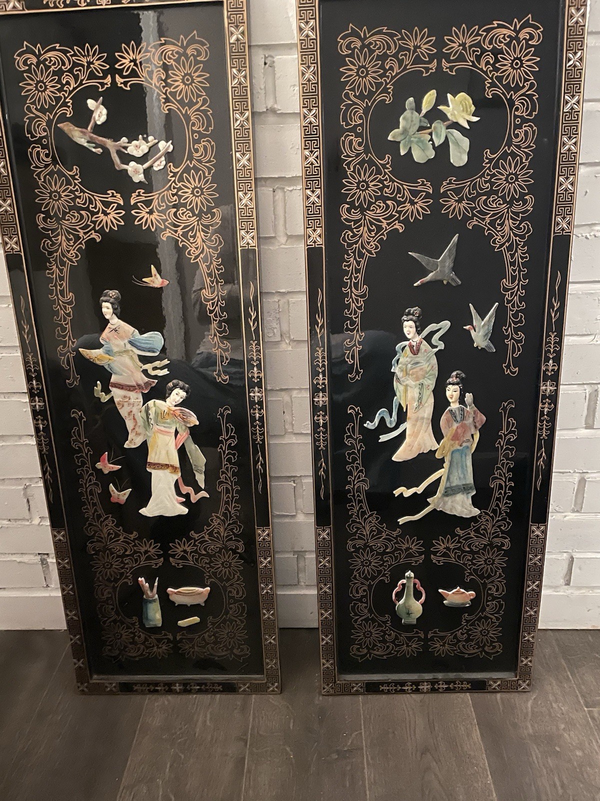 2 Vintage Asian Mother Of Pearl Decorative Wall Panels 12×36 Handmade