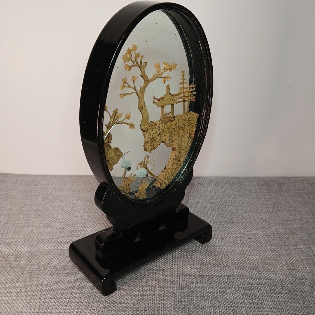 Vintage Chinese Cork Art Pagoda City Trees Cranes Glass Display Oval