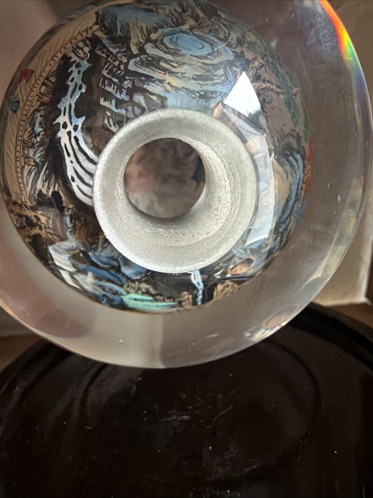 Vintage Chinese Hand Painted Reverse Art 4.5″ Glass Globe On Wooden Stand