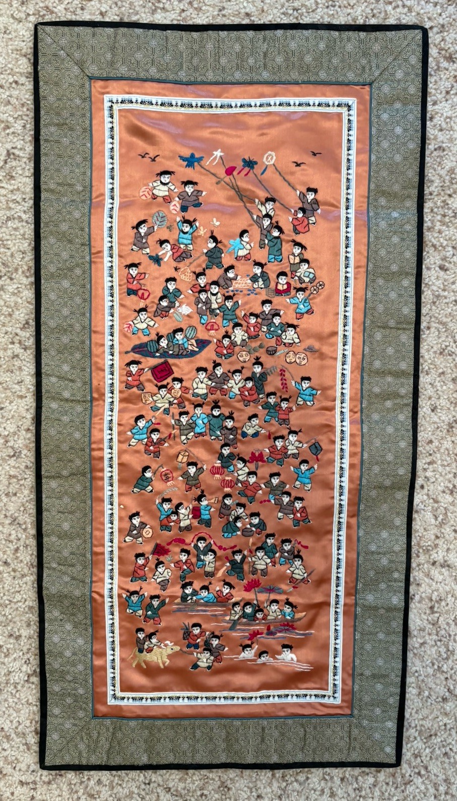 Vintage (2) Chinese Silk Embroidery Tapestry 100 Children Playing Wall Art Decor