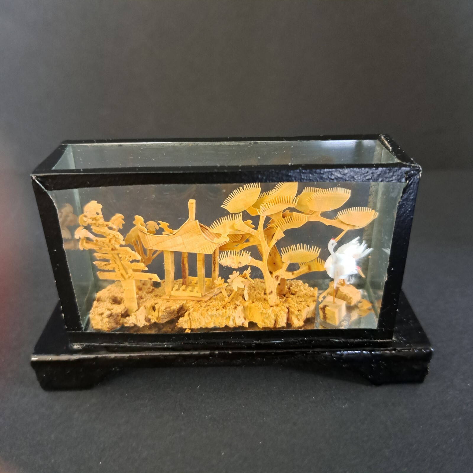 Carved Chinese Cork Diorama Shadow Box Sculpture In Glass Cranes Trees Pagoda