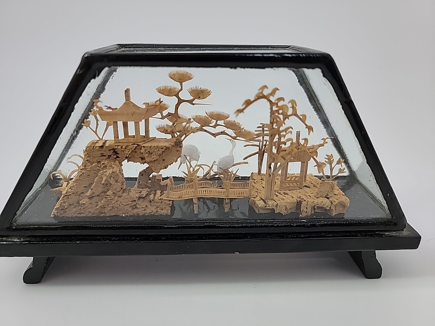 Vintage Asian Chinese PRC Carved Cork Diorama Pagodas Cranes Trees Decoration
