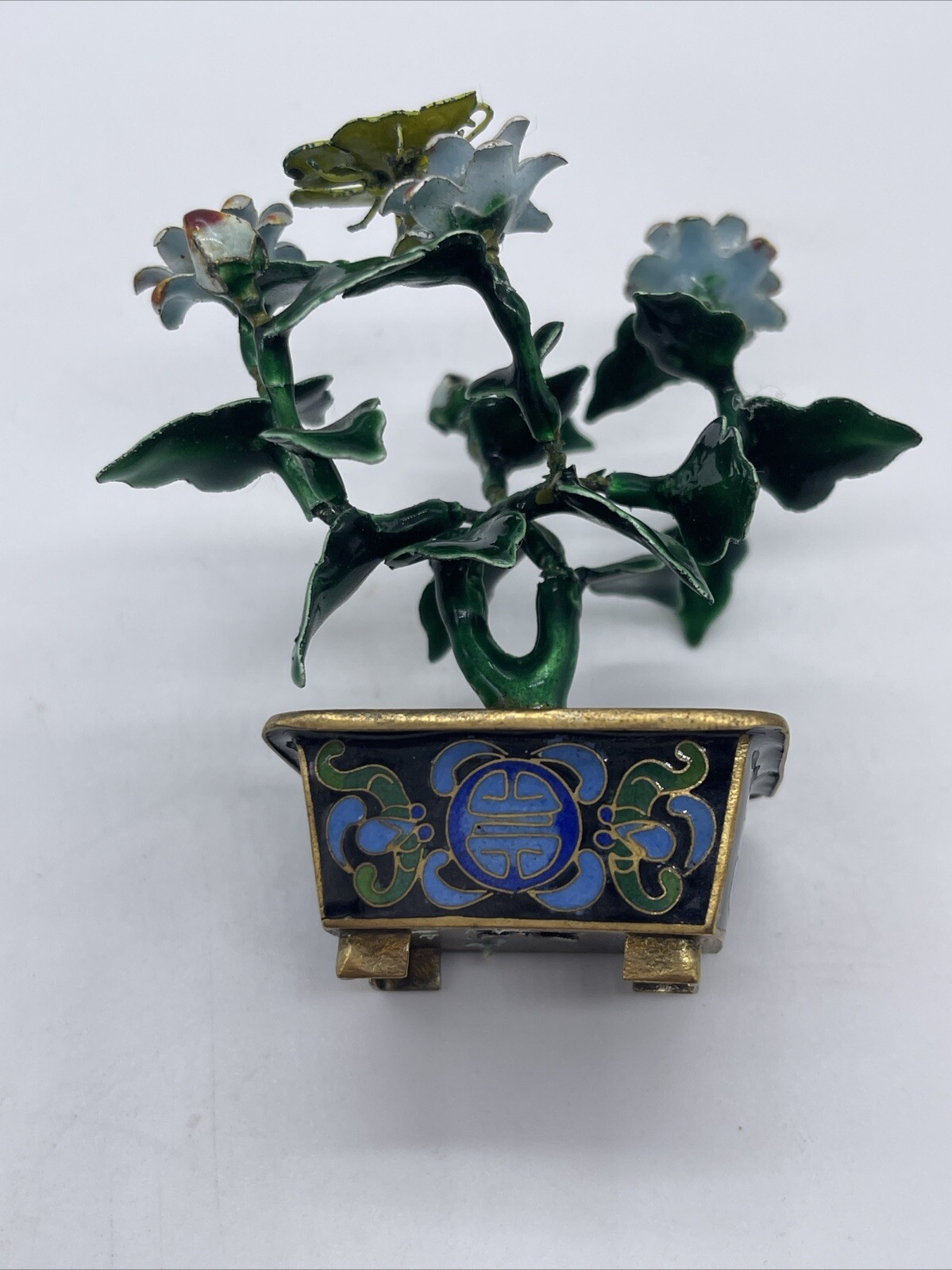 VINTAGE CHINESE METAL GUILLOCHE ENAMEL BONSAI TREE & FLOWERS with CLOISONNE POT