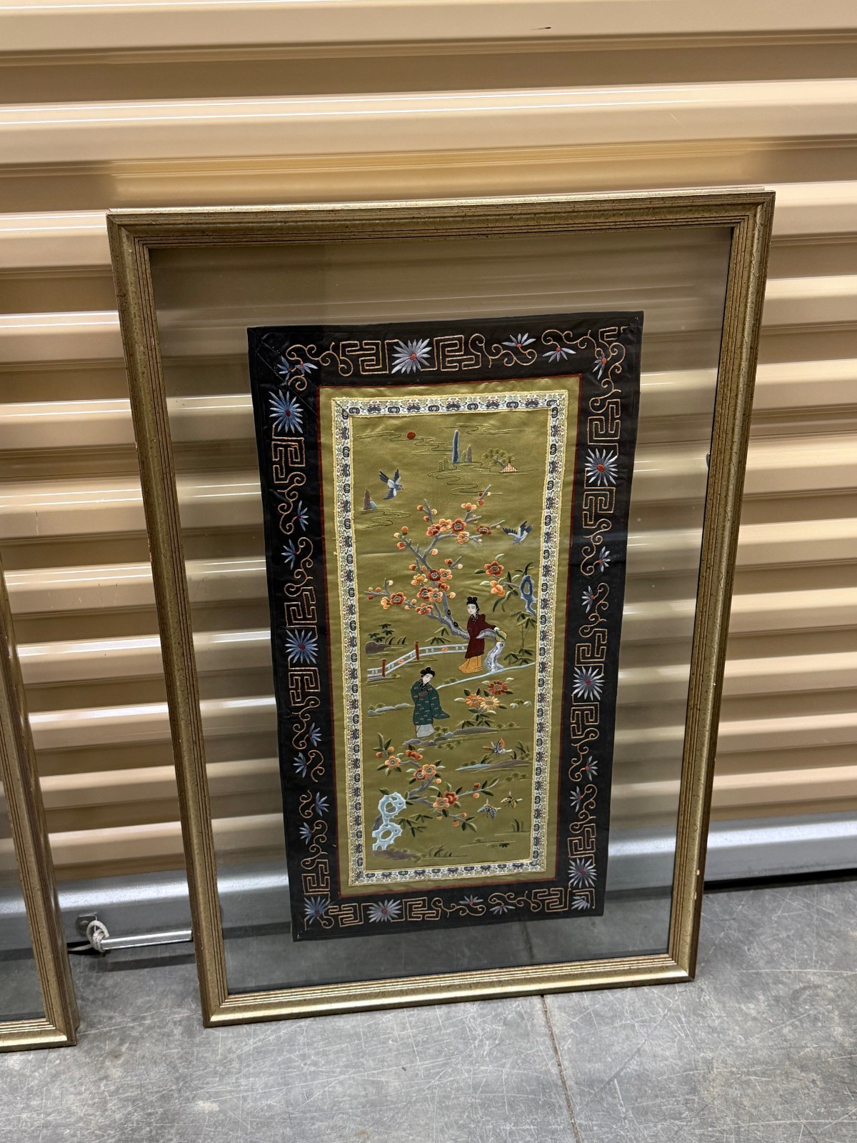 Vintage 1960s Set of 2 Chinese Silk Hand Embroidered Tapestry in Frame-Dun Huang