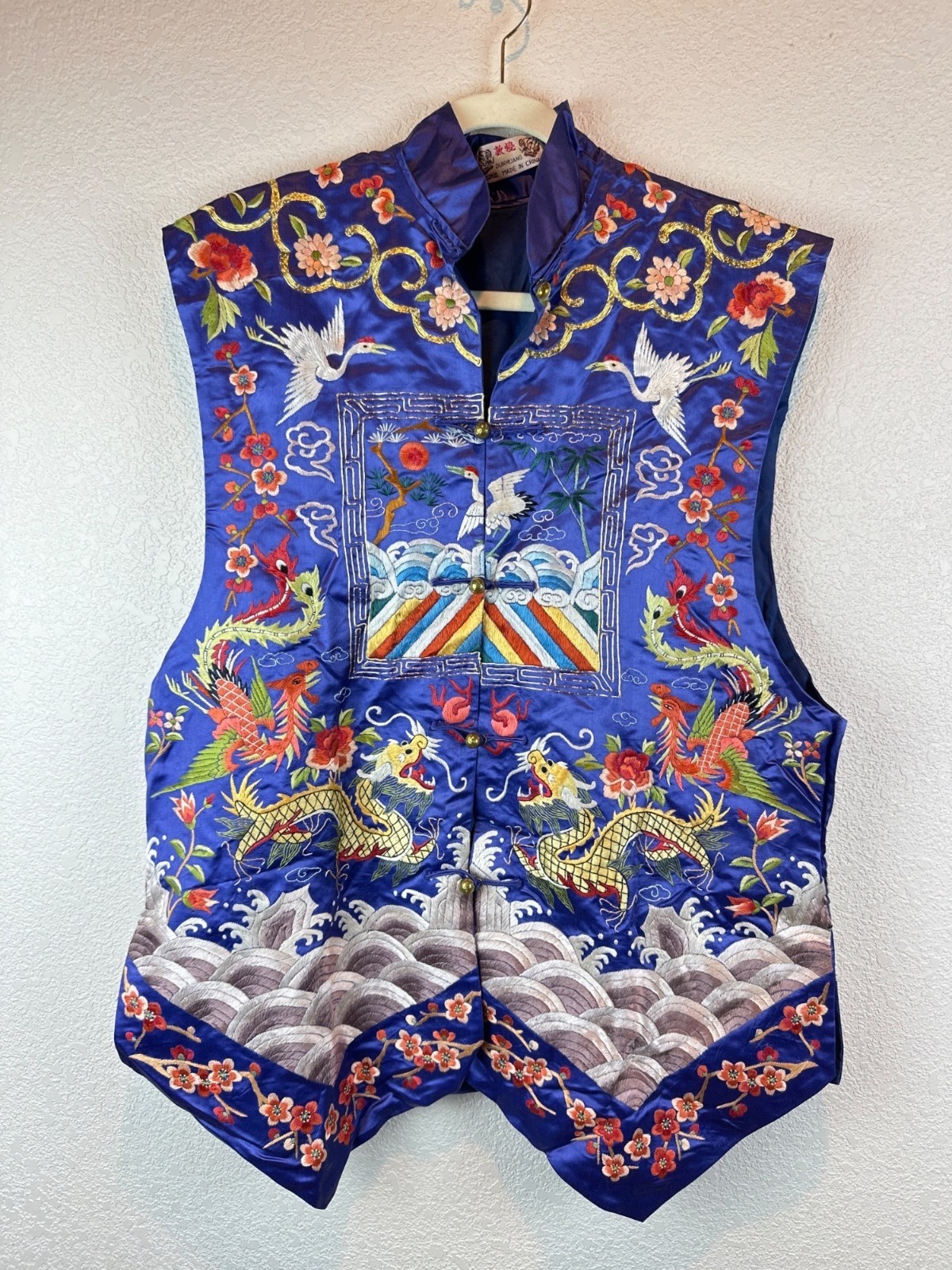 Vintage Dunhuang Fully Embroidered Chinese Dragon Crane Vest Blue M/L Oriental