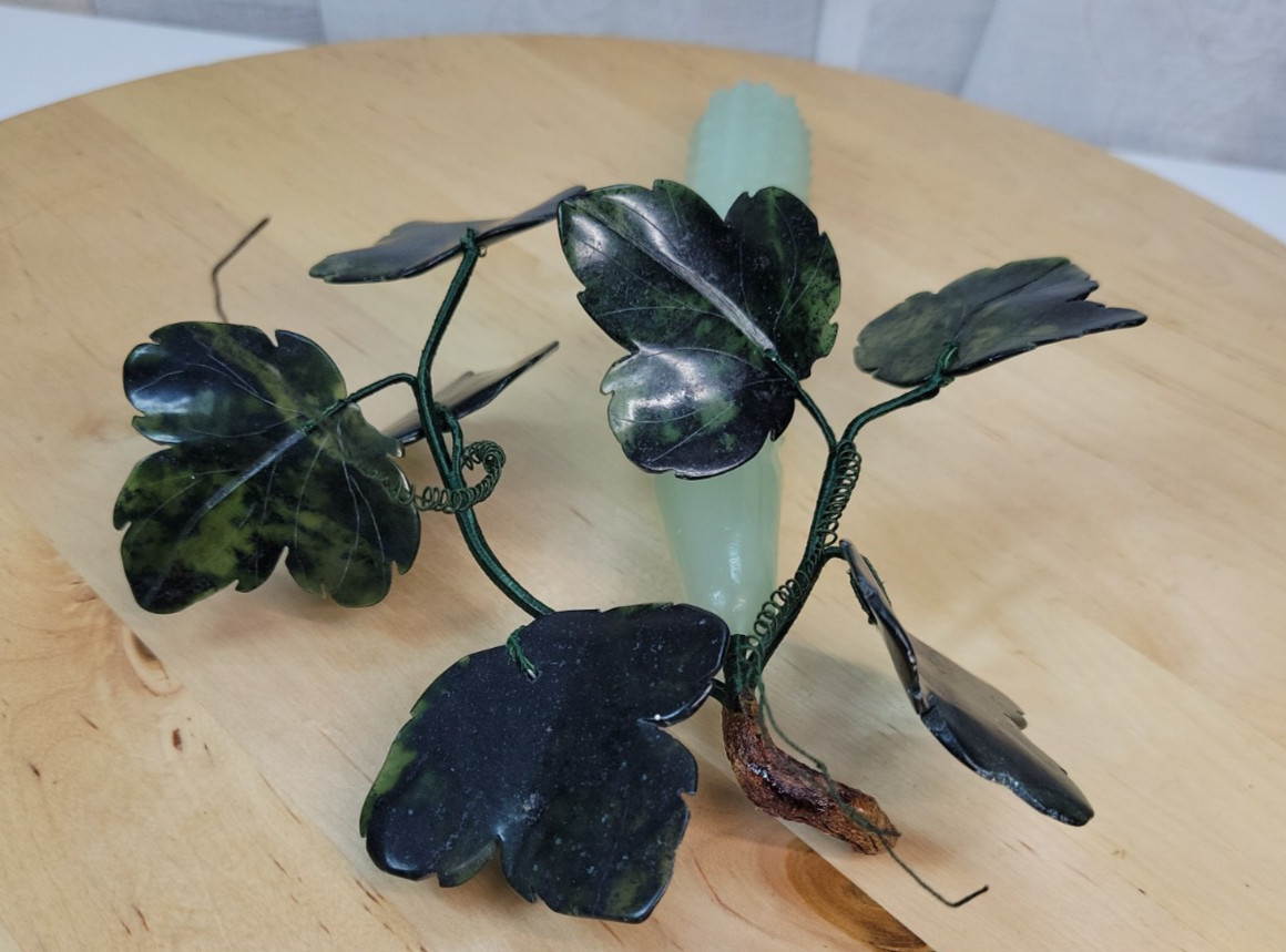 VTG Rare Chinese Green Jade Prickly Cucumber and Leaves 9.5″