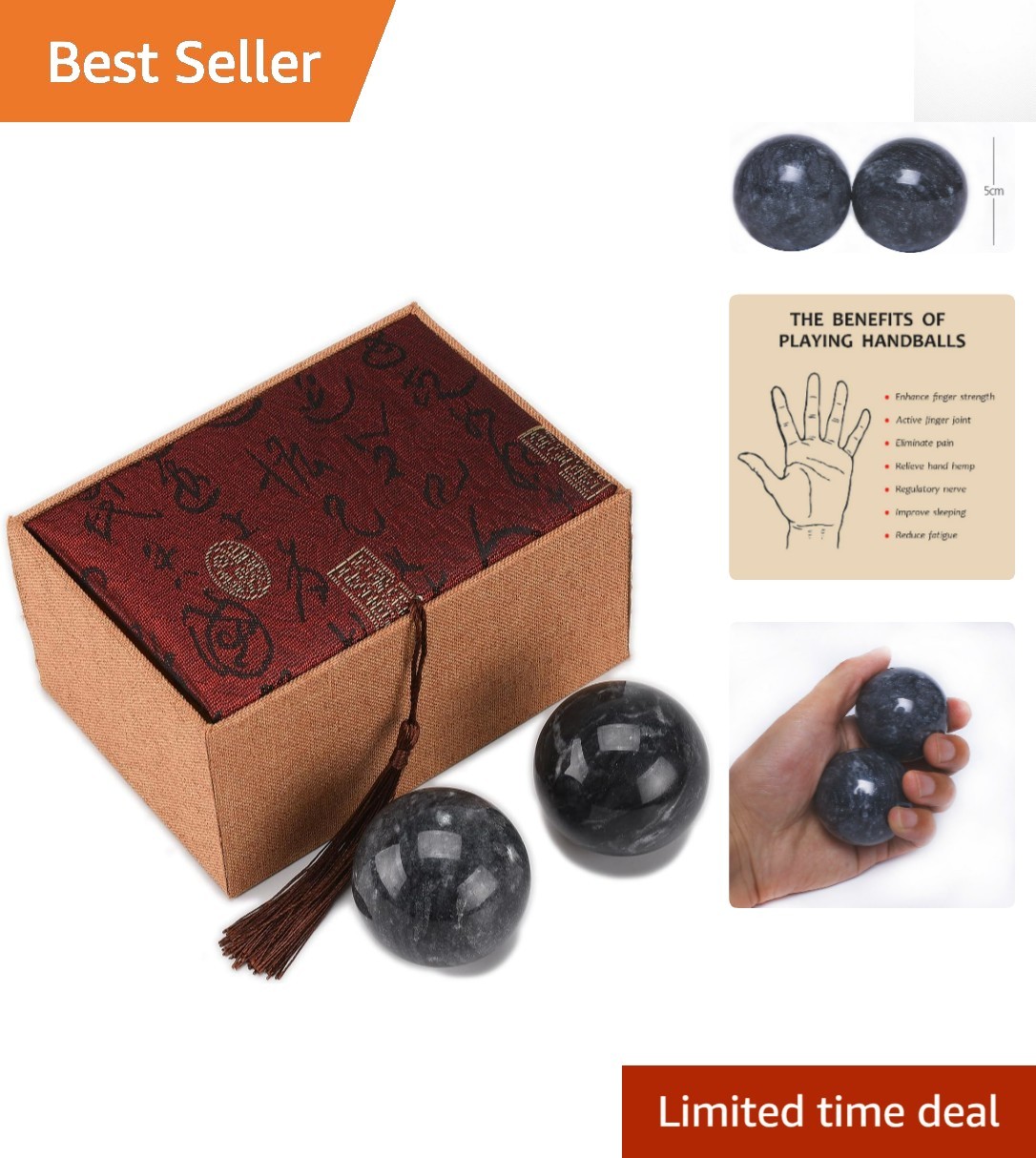 Elegant 2” Dark Grey Marble Baoding Balls for Stress Relief & Relaxation