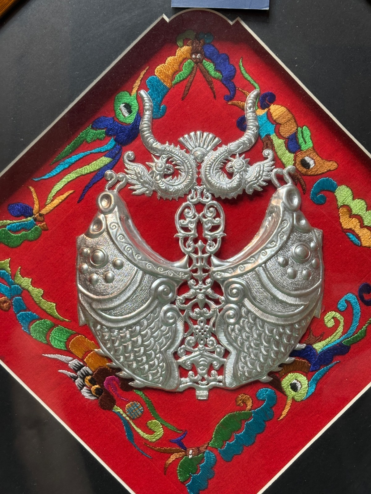 Framed Chinese Miao S990 Fine Silver Ornament Relief Carving Embroidery Guizhou