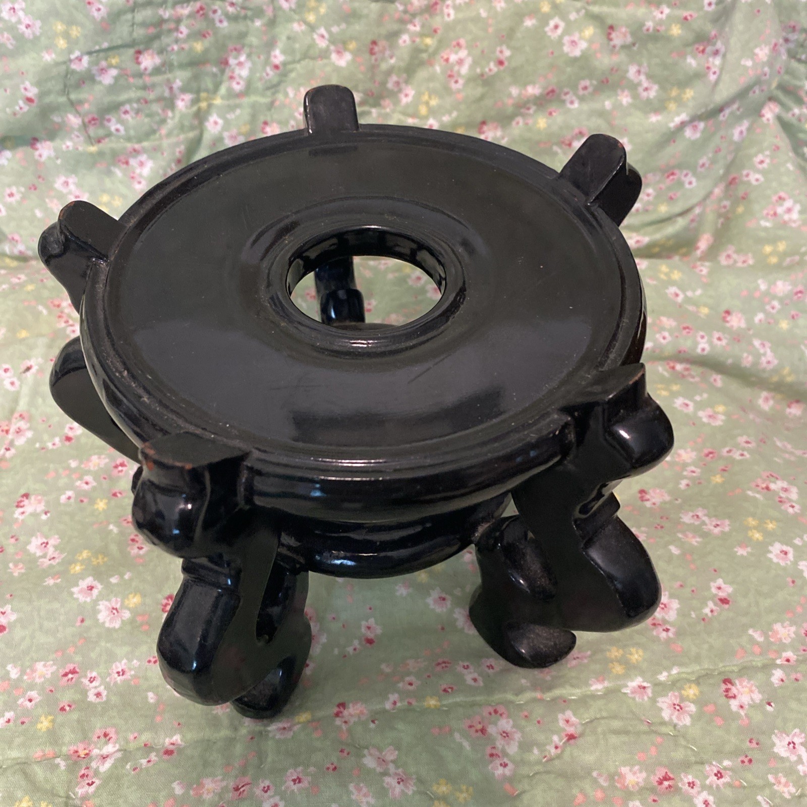 Asian Wood Stand 5 Leg Carved Pedestal Holds pot 5” Diameter High Gloss Black