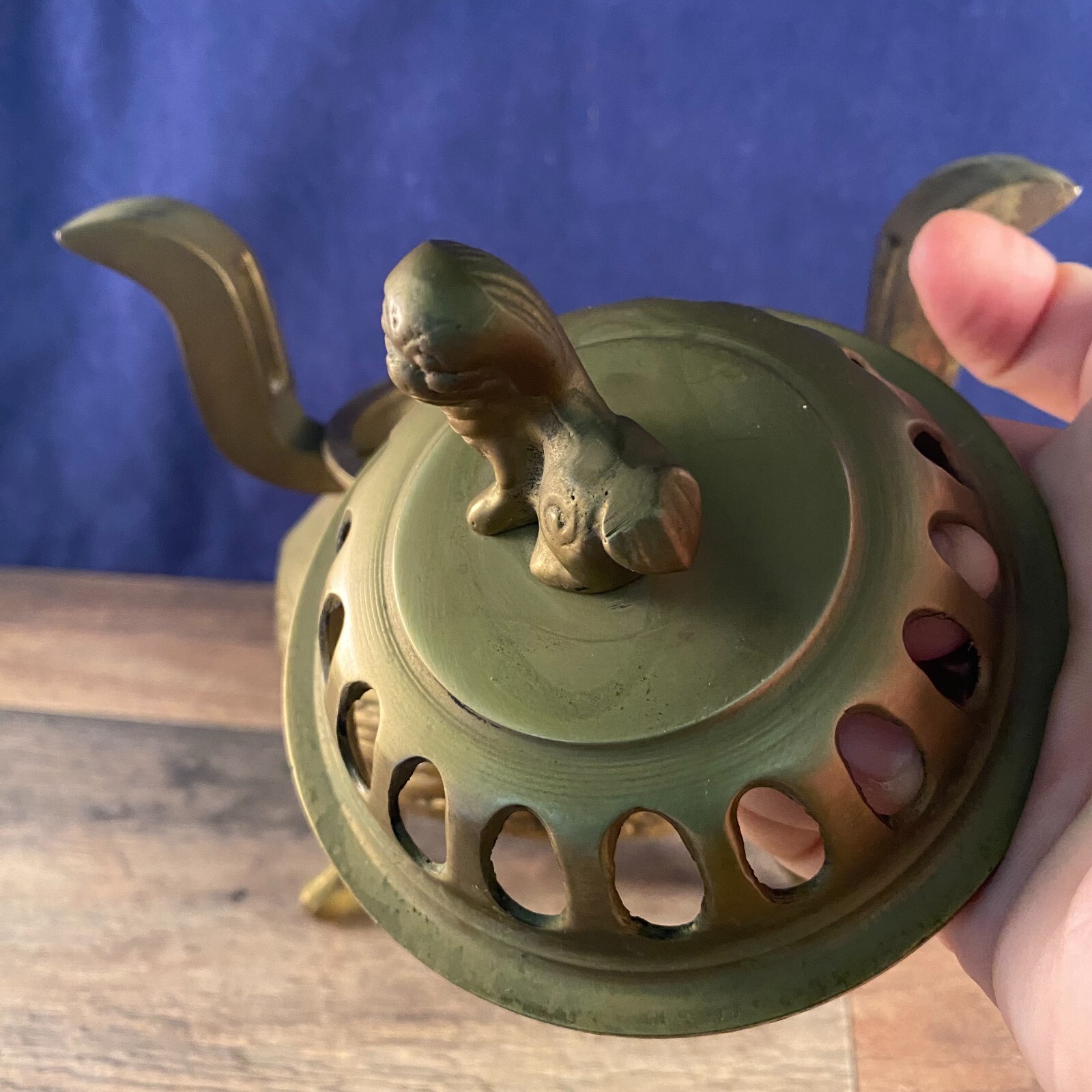 Vintage Asian Three Footed Solid Brass Incense Burner Foo Dog Lid Dragon Base