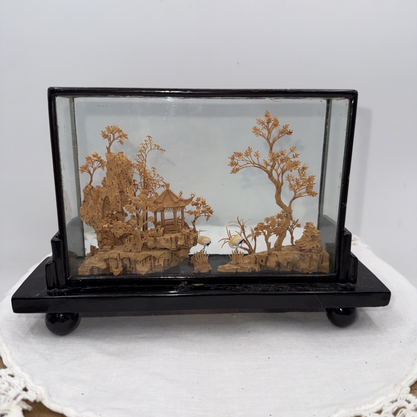 Vintage Chinese Cork Diorama Traditional Art Glass Case Enameled Wood