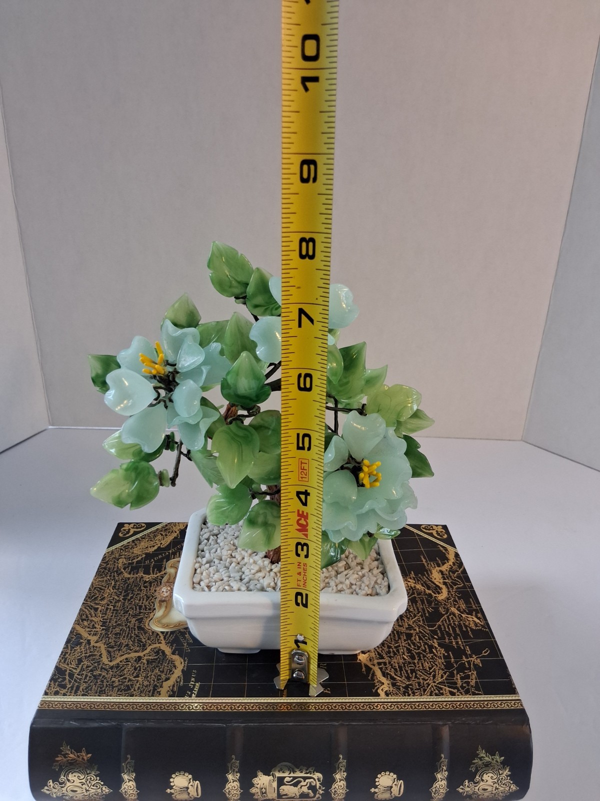 Vtg 1980’s Aqua Blue Peking Glass Blossomed & Jade-Stone Leaf Bonsai Tree; EUC!