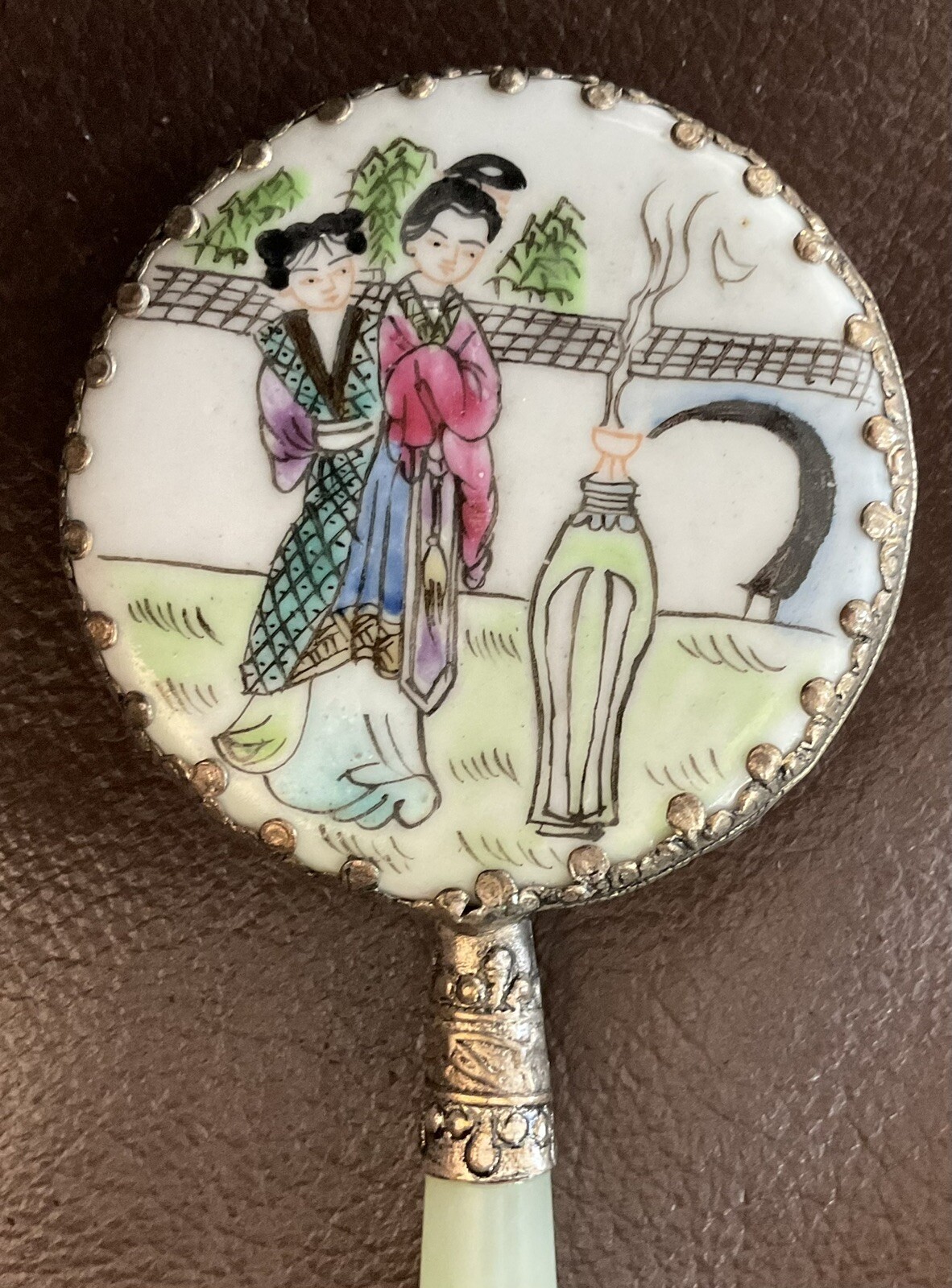 Chinese Small Hand Mirror Porcelain Scene Jade Handle China Asian Oriental