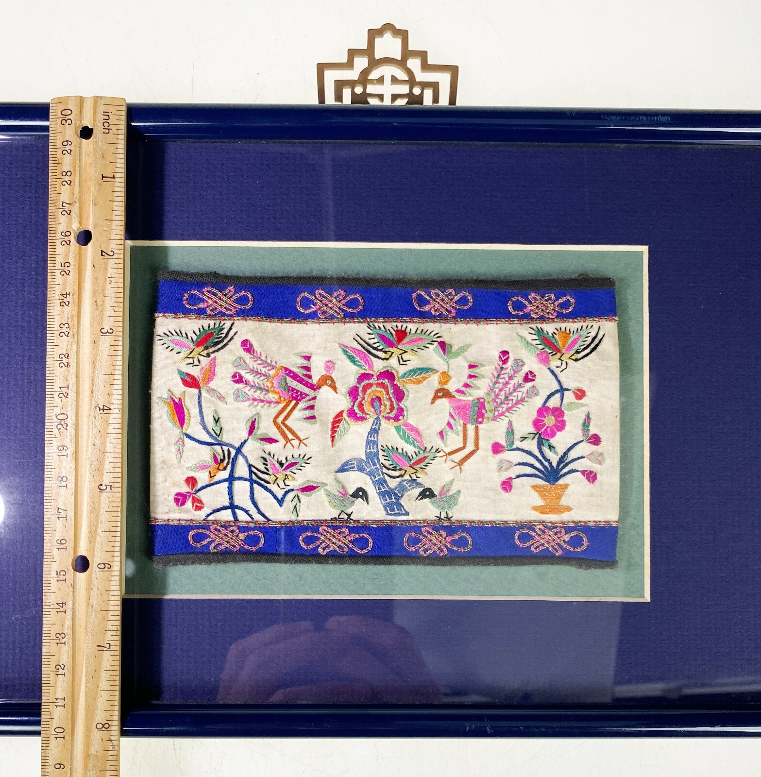 Hand Embroidered Silk Birds Floral Cuff Vtg Asian Framed Textile Mini Tapestry