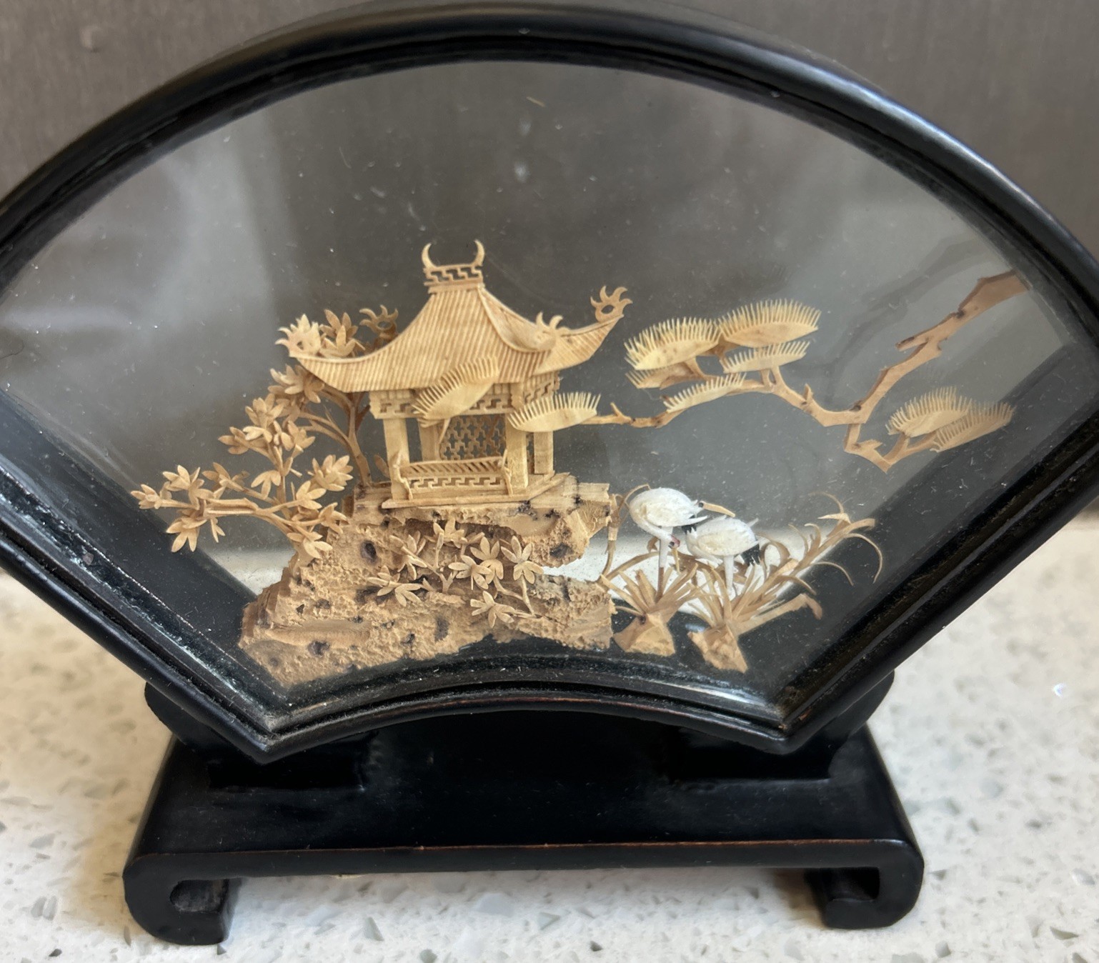 VTG CHINESE 3-D CORK ART MINI SAN YOU DIORAMA – Pagoda, Cranes &Trees