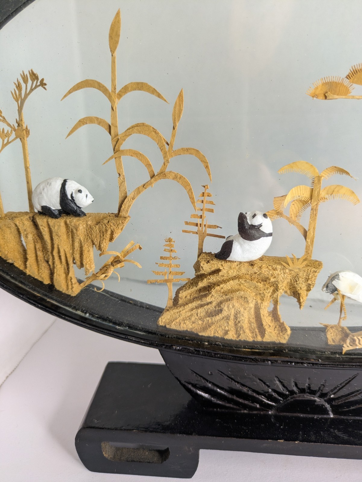 Vintage Chinese Cork Carving Diorama Encased Hand Carved Wood Pagoda Panda Bears