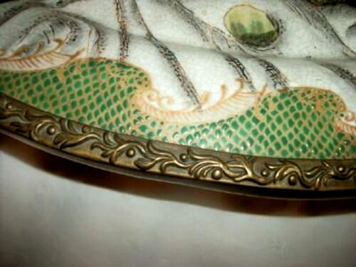 Chinese Hua Rong Tang Zhi Tray Porcelain HP Cranes White Tiger Bronze Rim Handle