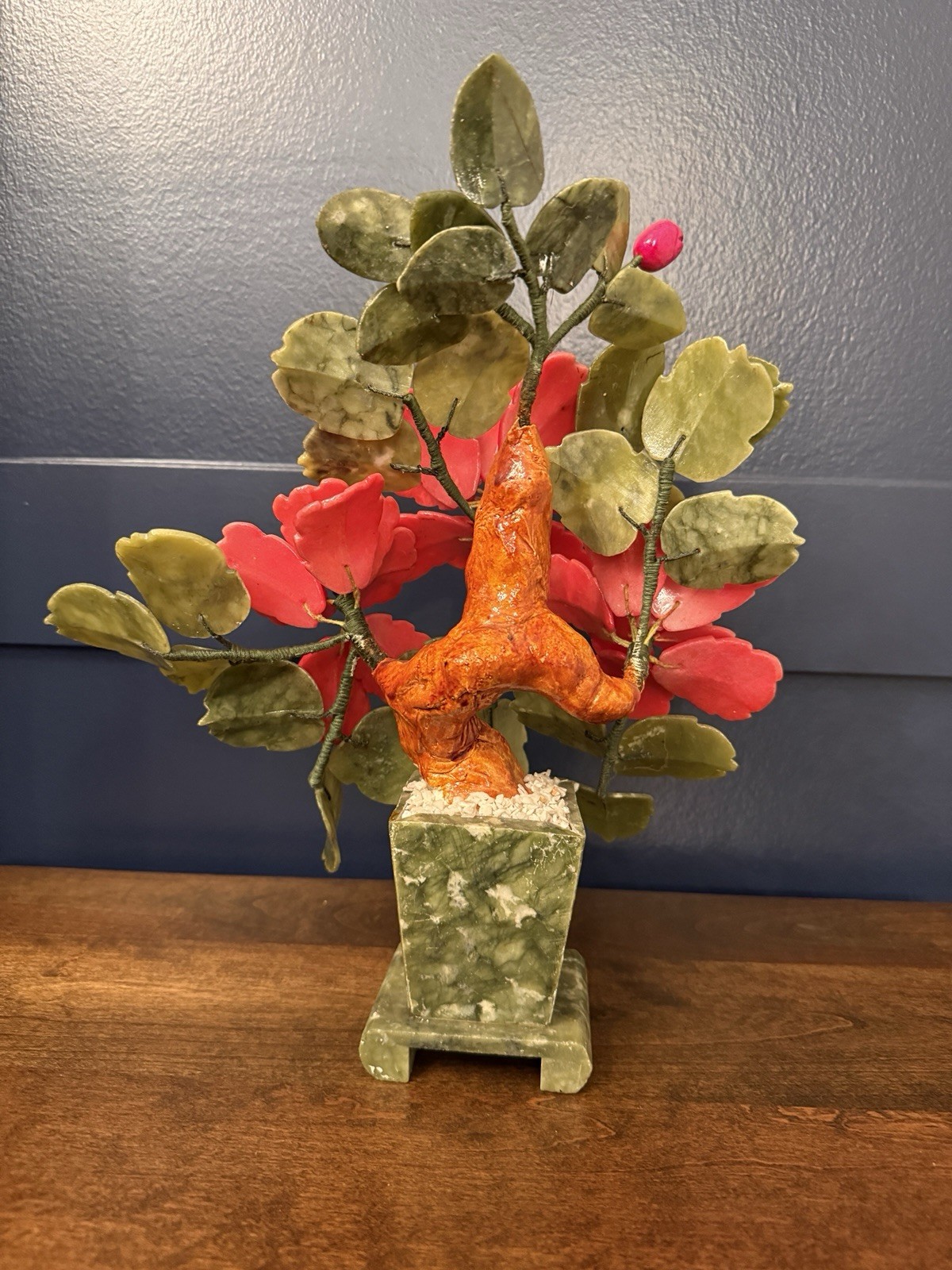 Vintage Jade Bonsai Tree Carved Red Hibiscus Flowers High Blossom 12.75” Tall