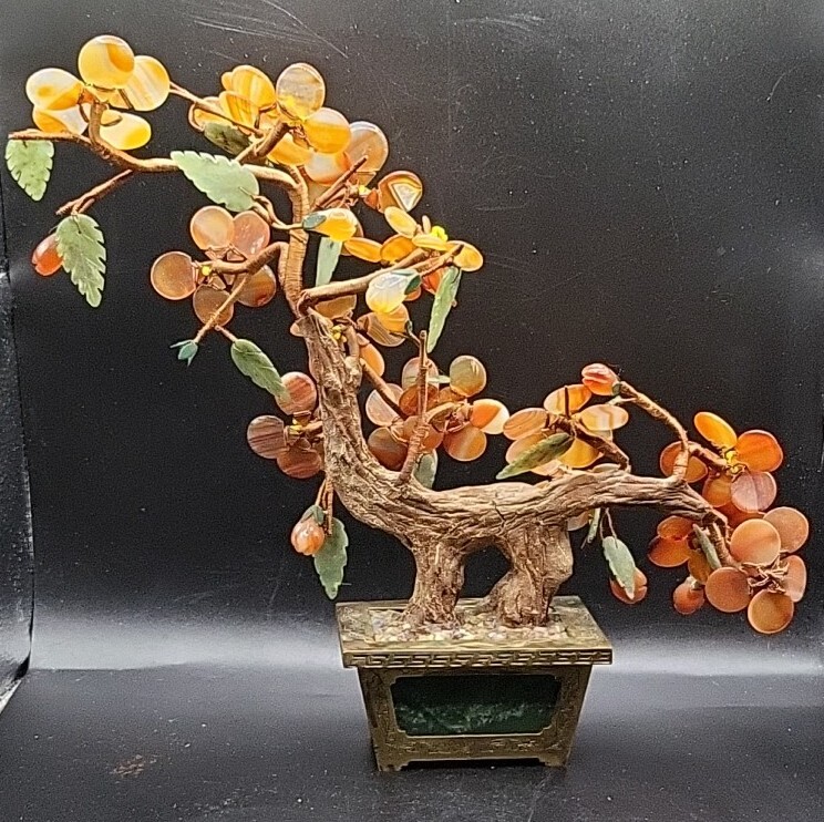 Chinese Carnelian & Green Nephrite Jade Bonsai Tree Brass Etched Base Hong Kong