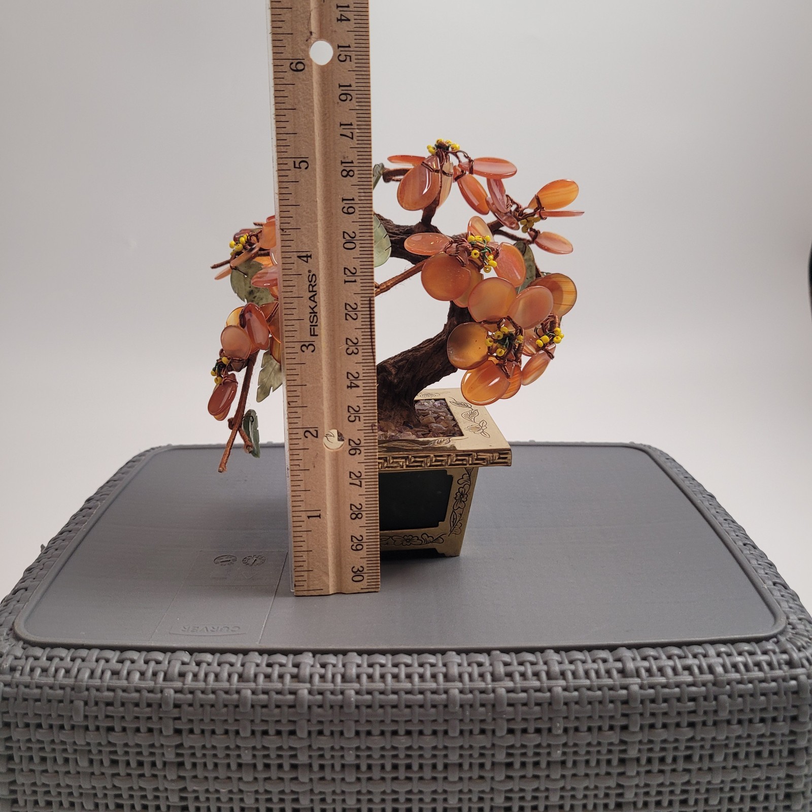 CHINESE HARDSTONE BONSAI TREE w/ CARNELIAN FLOWER/NEPHRITE INLAID JADE HONG KONG