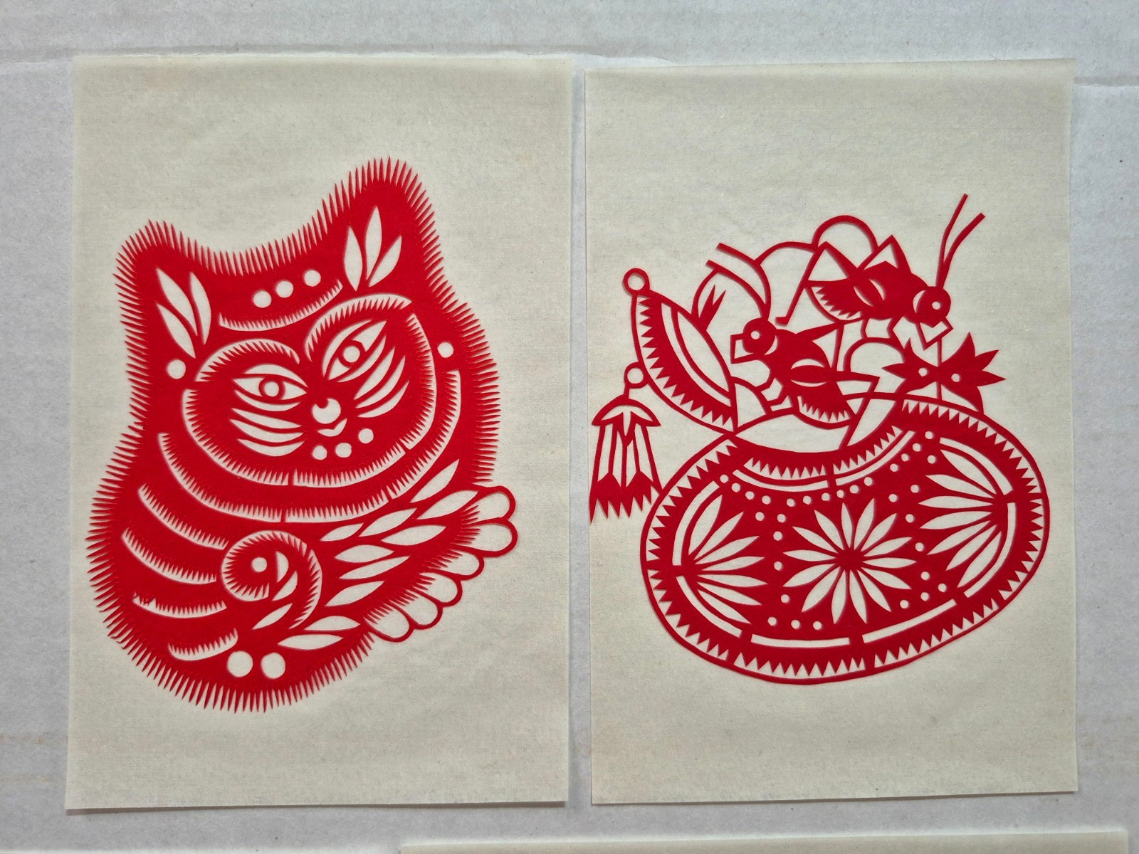 Unused Set of 10 Chinese Folk Art Paper cuts Cats, Crickets & Animal Designed