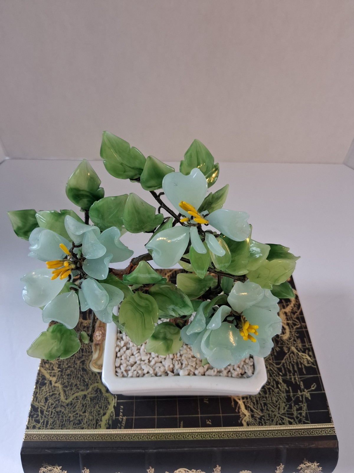Vtg 1980’s Aqua Blue Peking Glass Blossomed & Jade-Stone Leaf Bonsai Tree; EUC!