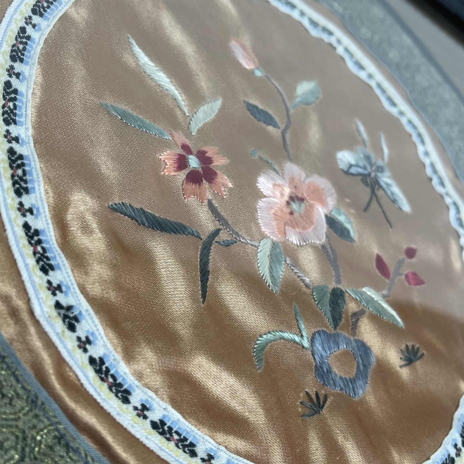 Vintage Chinese Silk Embroidery Art 10.5” Round Floral & Butterfly in 13” Frame