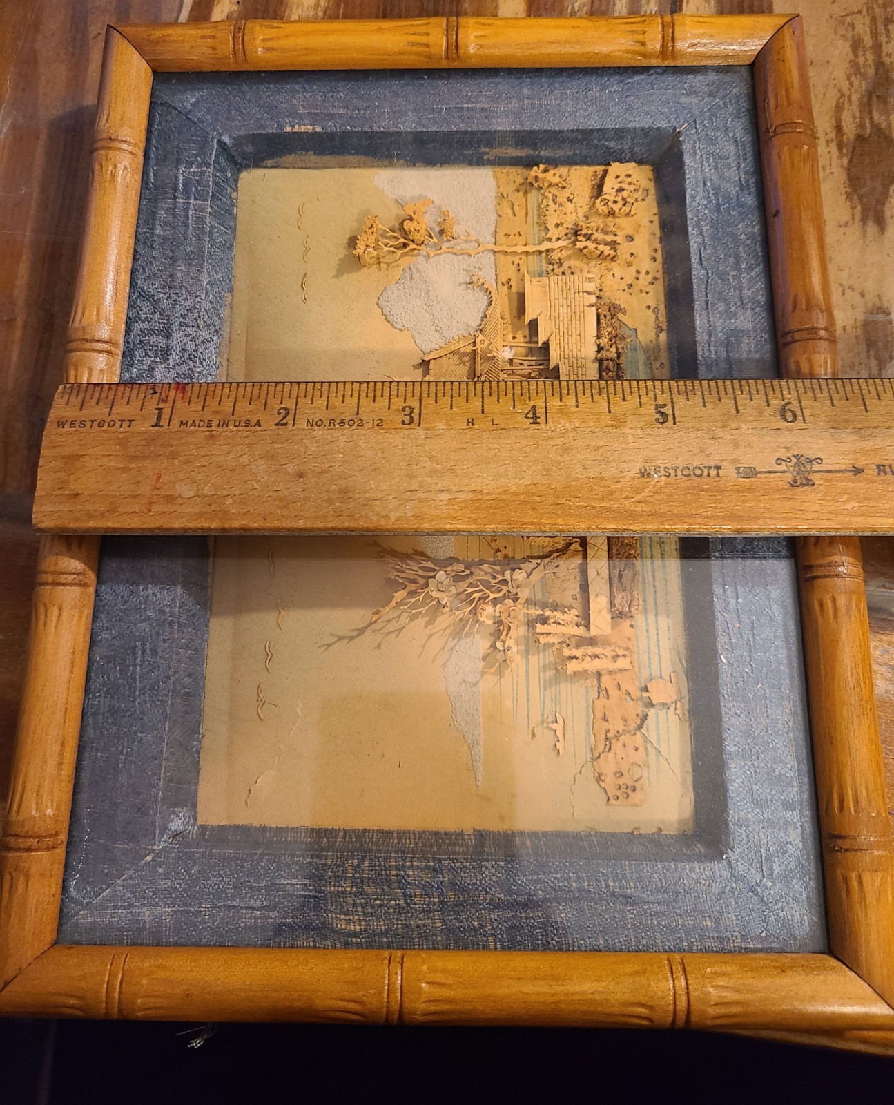 Vtg Chinese Hand Carved Cork Diorama Under Glass Frame Artwork 8.5×6.5″