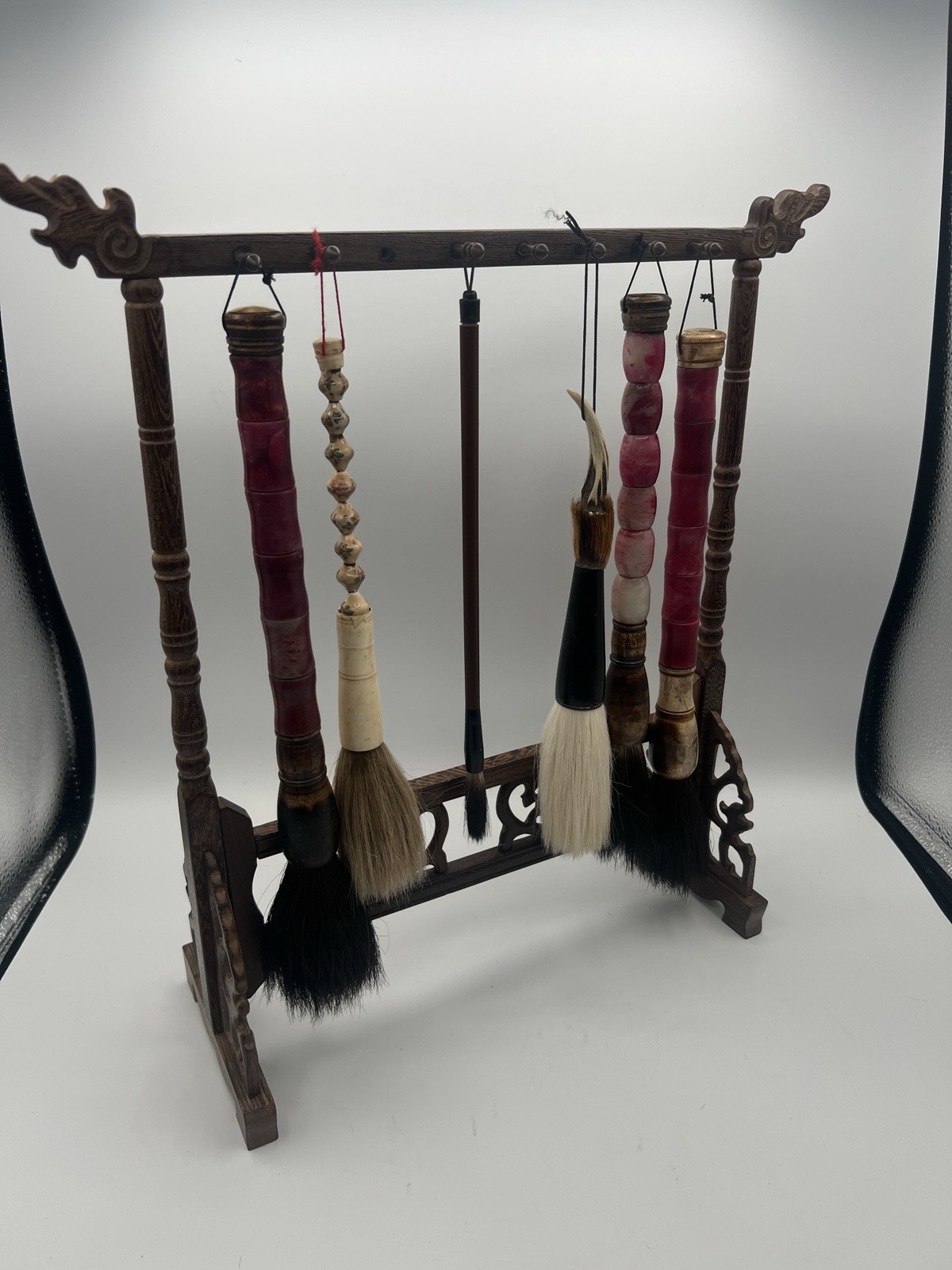 Antique CHINESE Calligraphy Hanging Brush Rosewood Display Stand & Brush Set