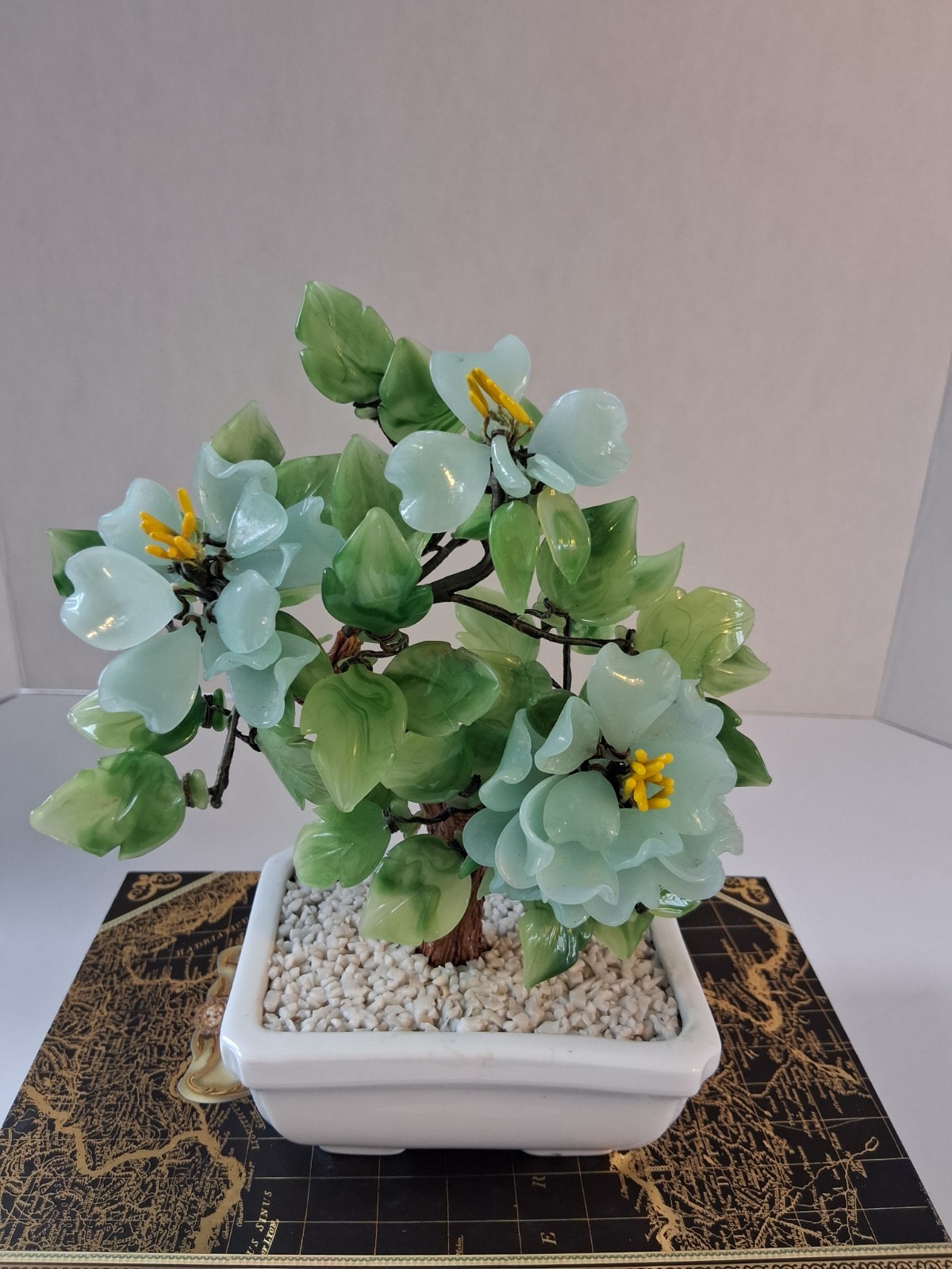 Vtg 1980’s Aqua Blue Peking Glass Blossomed & Jade-Stone Leaf Bonsai Tree; EUC!