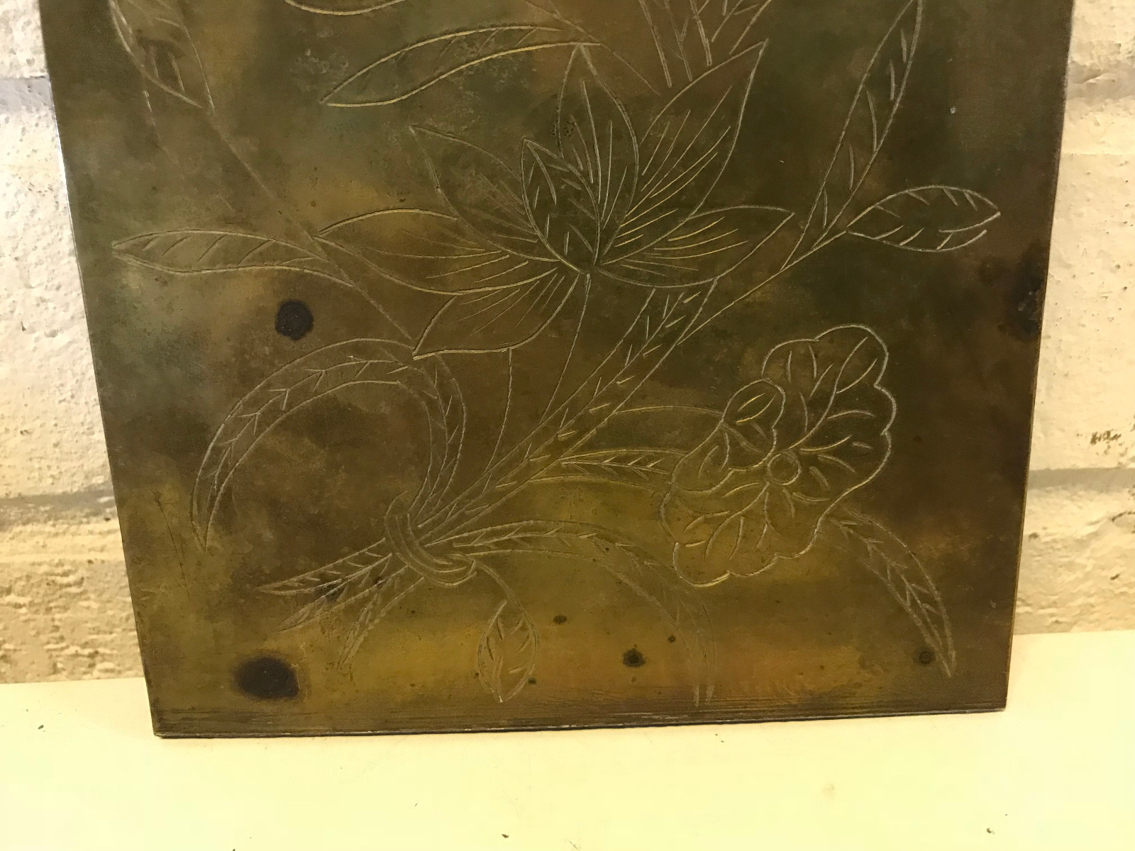 Antique Chinese Porcelain Painted Plaque Inset in Brass Frame Floral Decoration