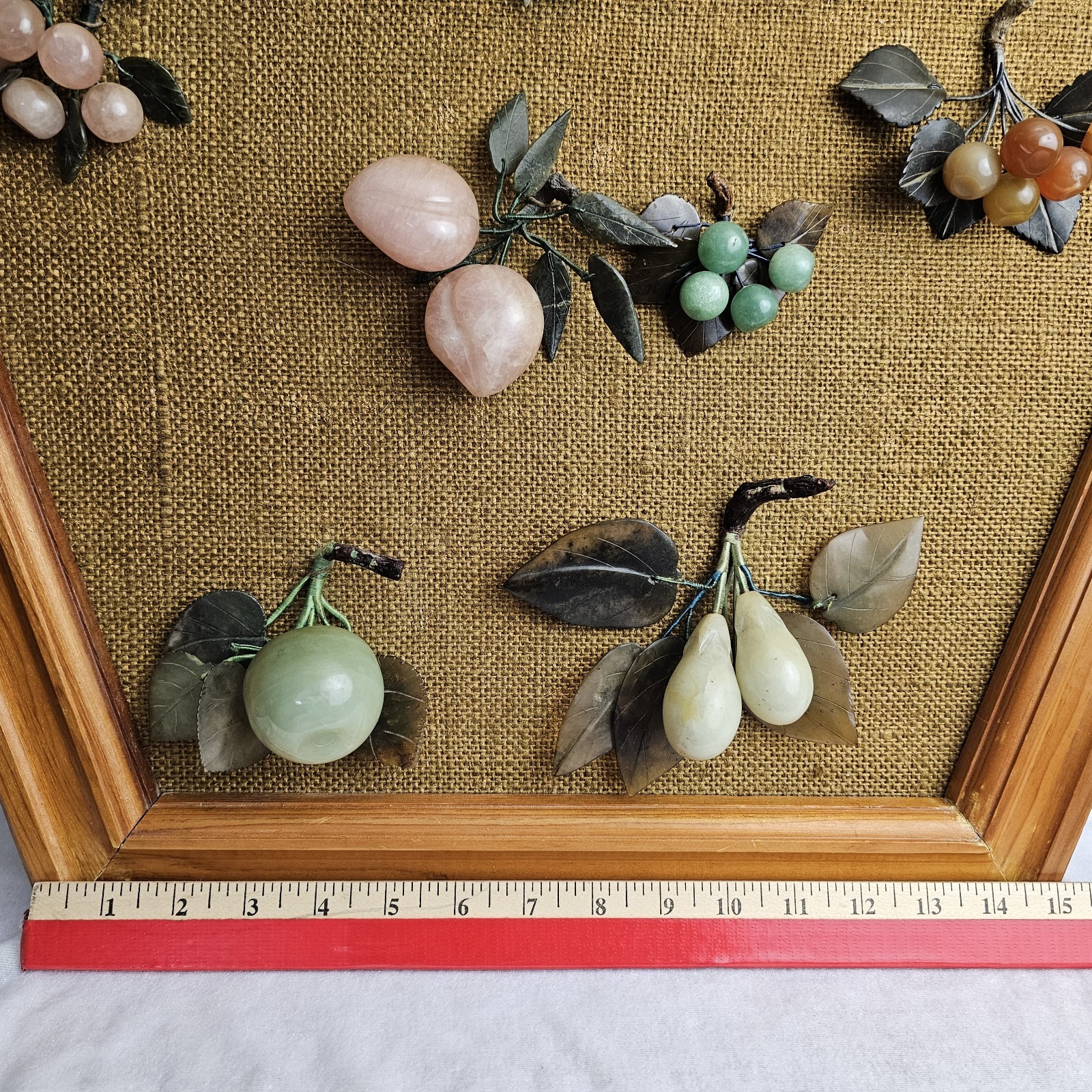 Vtg Chinese Jade Rose Quartz Carnelian Fruit Frame Cherry Pear Peach Wall Art