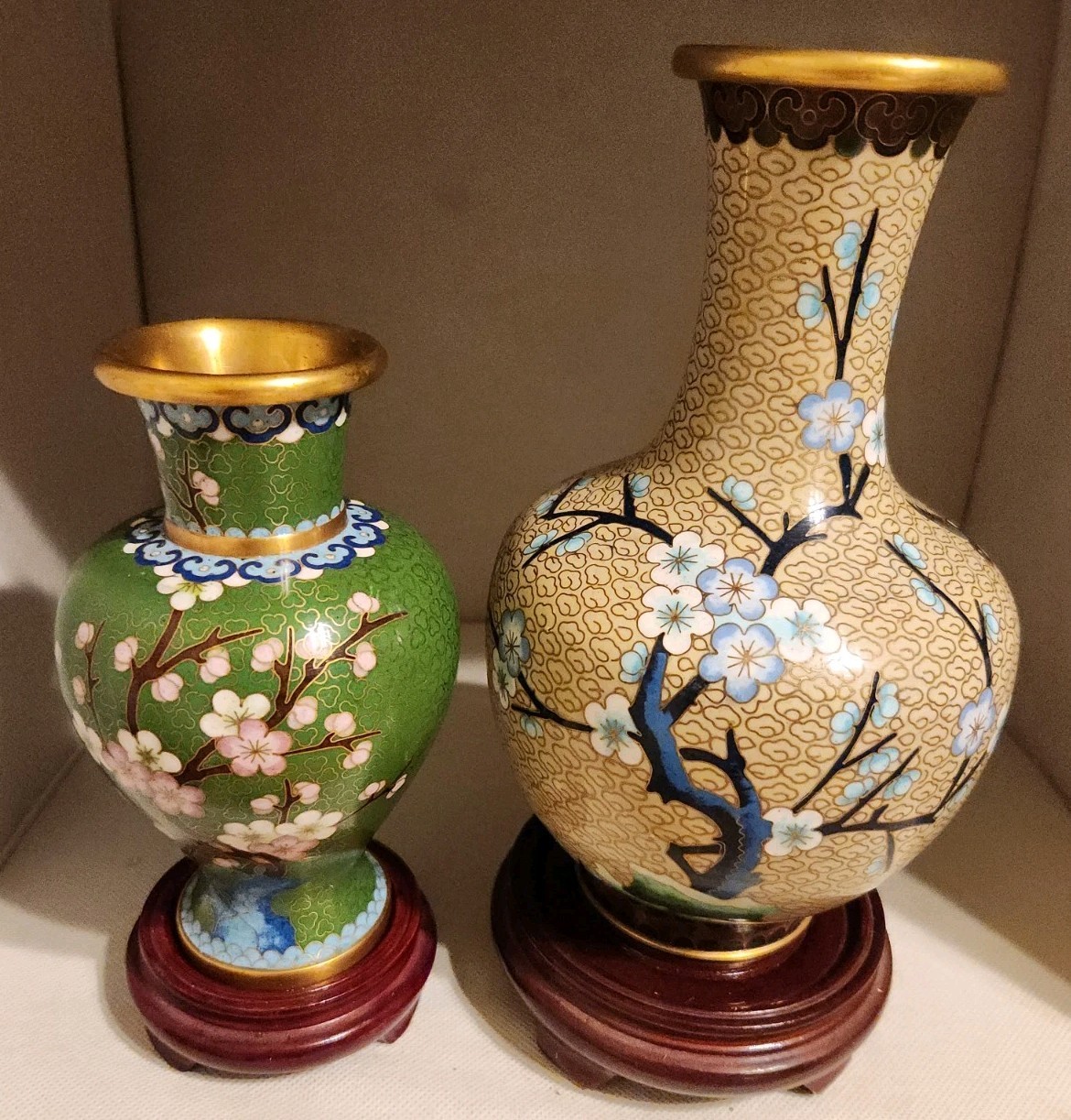 2-CLOISONNE VASES BRASS-COPPER 1-6″GREEN &1-TAN 8″H W/CHERRY TREE ENAMEL FLOWERS
