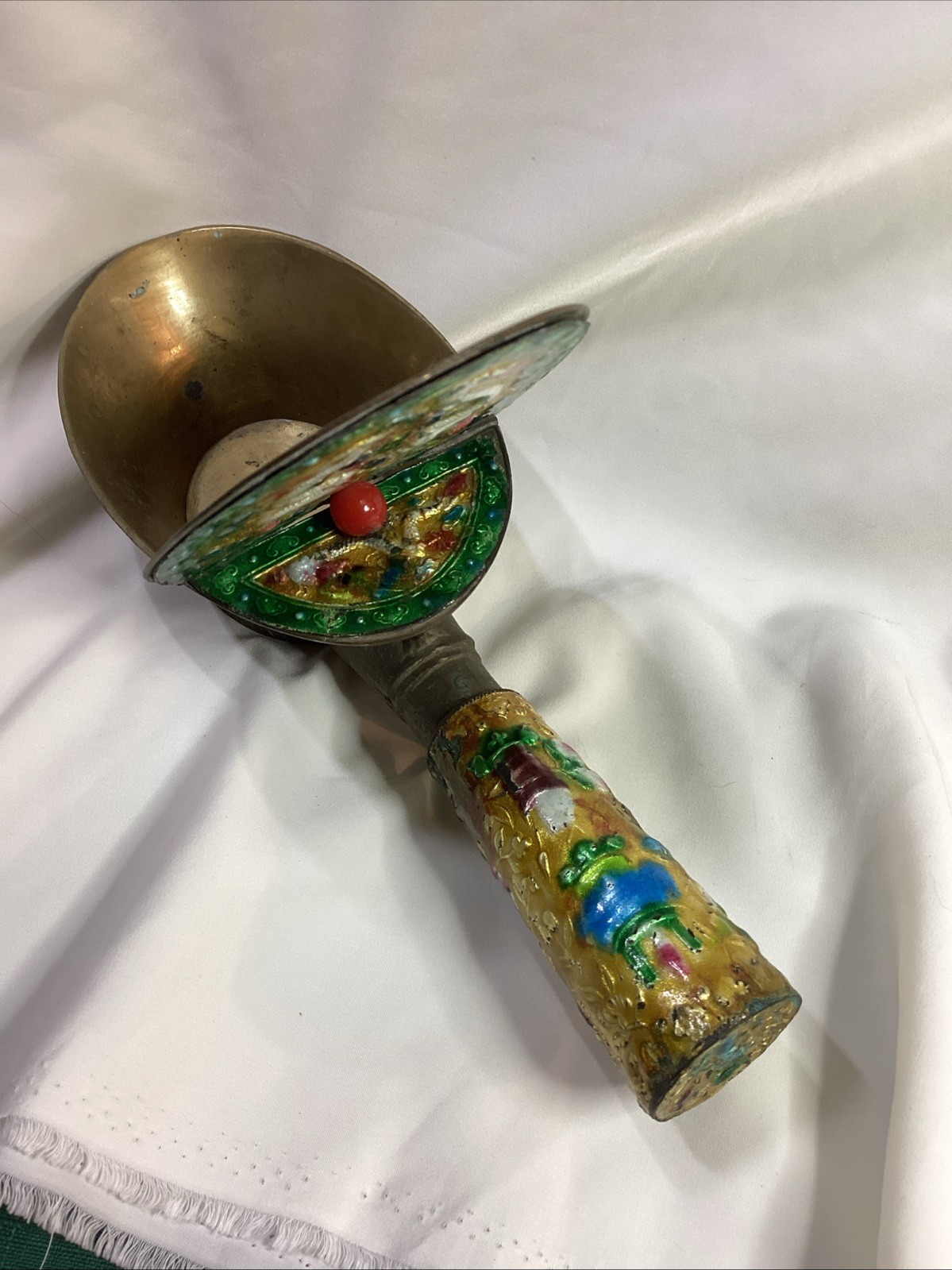 Antique CHINESE Brass Cloisonne Enamel Silk Iron DRAGONS CHASING THE RED PEARL