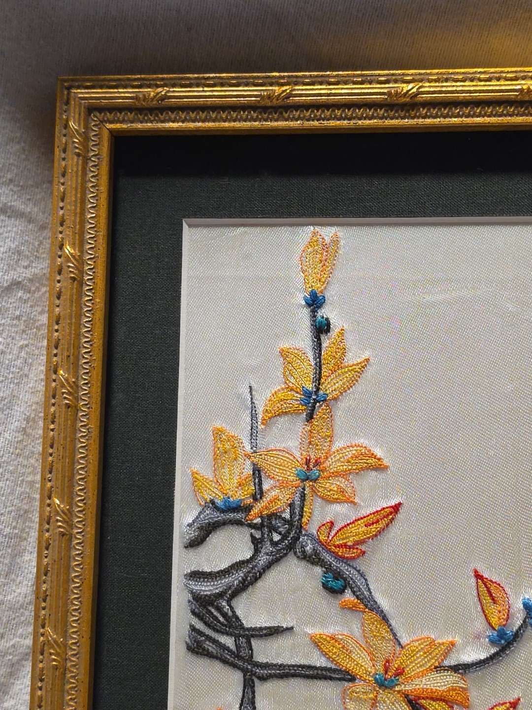 VTG Asian Chinese Silk Embroided Bird on Blossom Branch Framed Art 11.5″x 14.5″