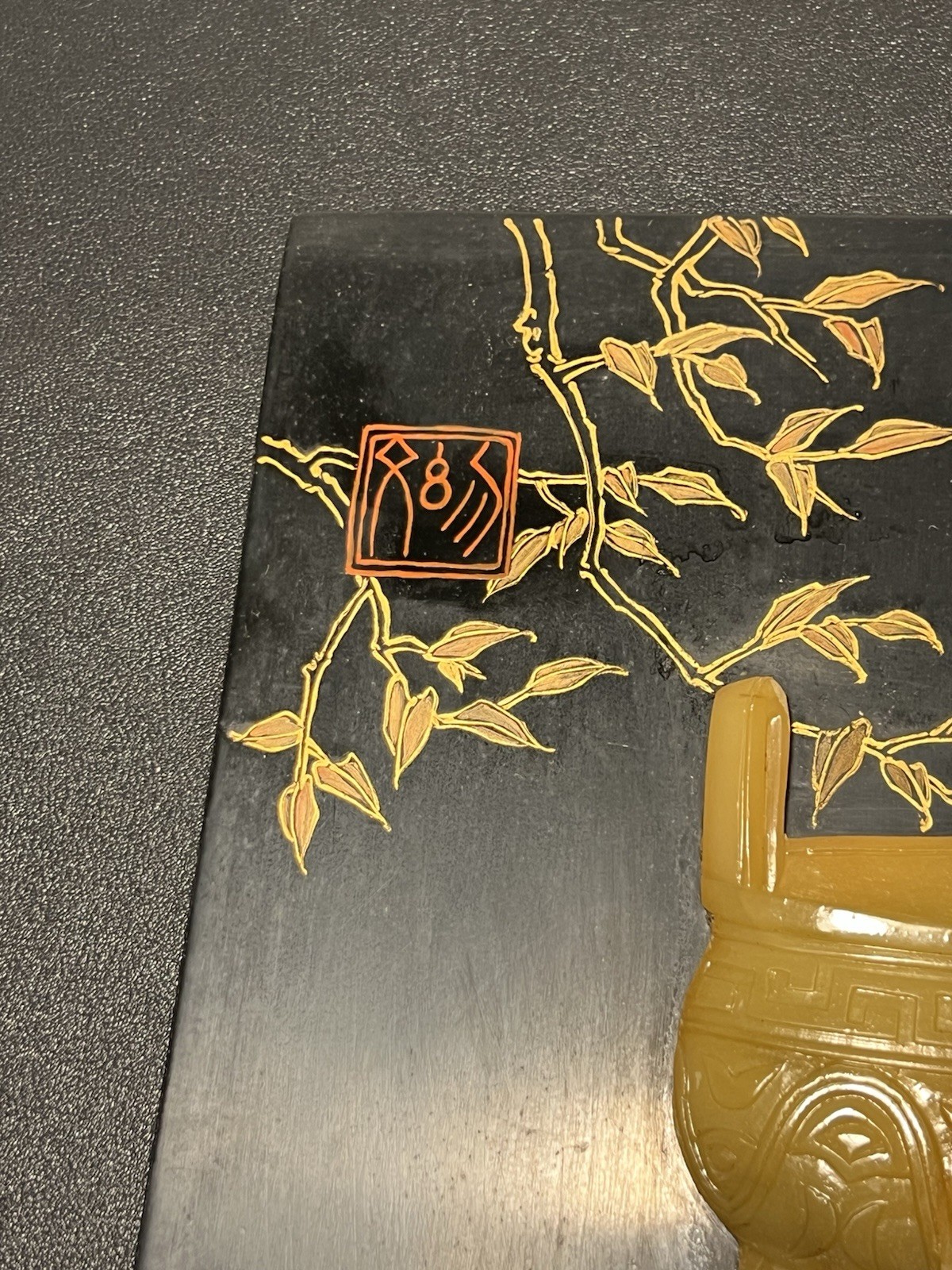 Chinese 1960s Black Lacquer Wall Panel Carved Shoushan Stone Ding Qianlong Coin